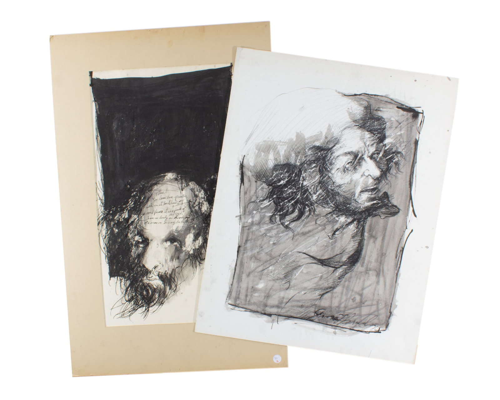 James L. Bruch 1970 Mixed Media Portrait Drawings: Two 1970 mixed media portrait drawings by James L. Bruch (American; 1942-2023). Both signed and dated to lower edge. Measurements: 21" W x 31.25" H (largest piece). In house sh