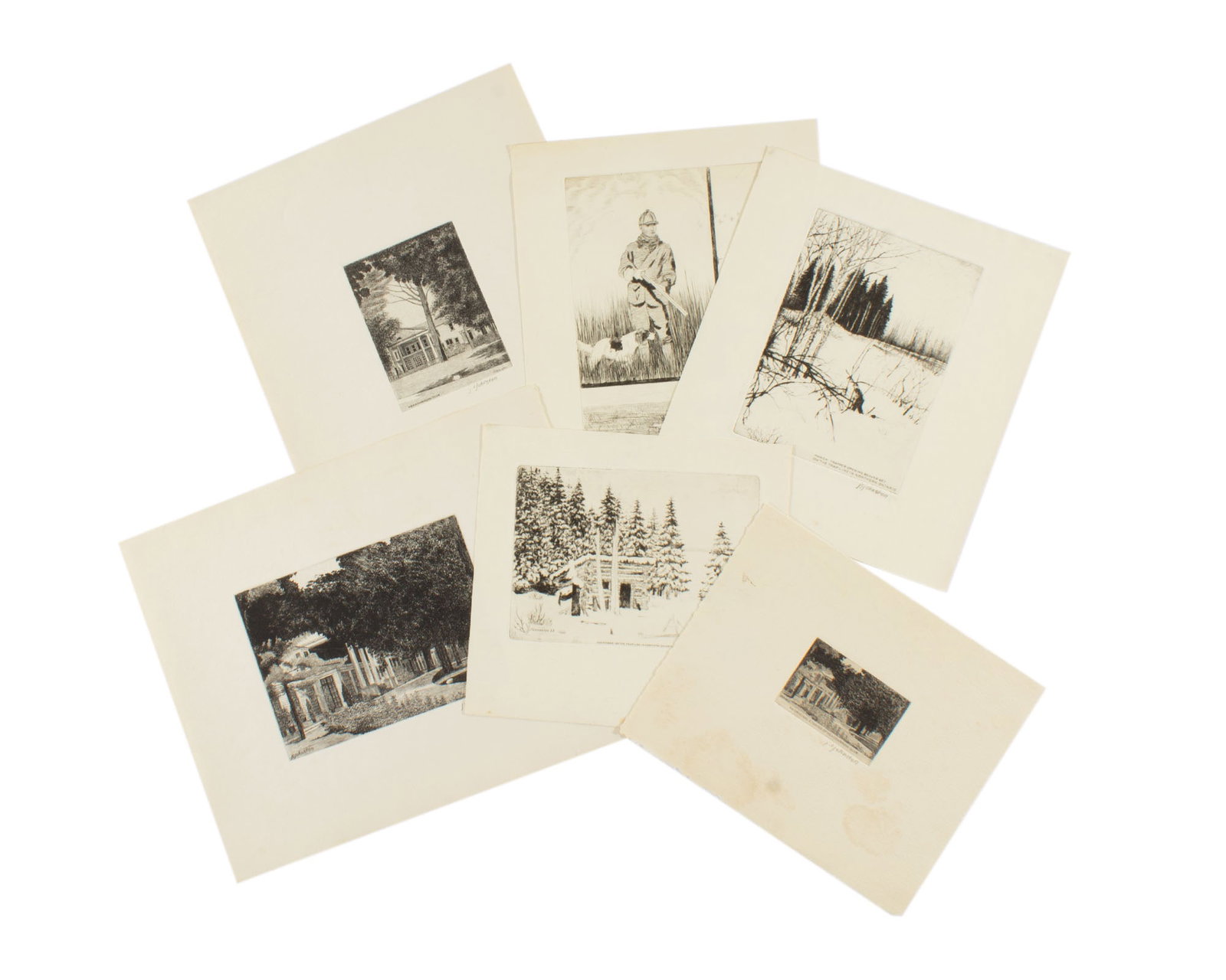 J.C. Johnston 1930s Etchings: Group of six etchings by J.C. Johnston. Each piece is pencil signed to the lower edge. Measurements: 11"W x 9.75"H (largest). In house shipping available.