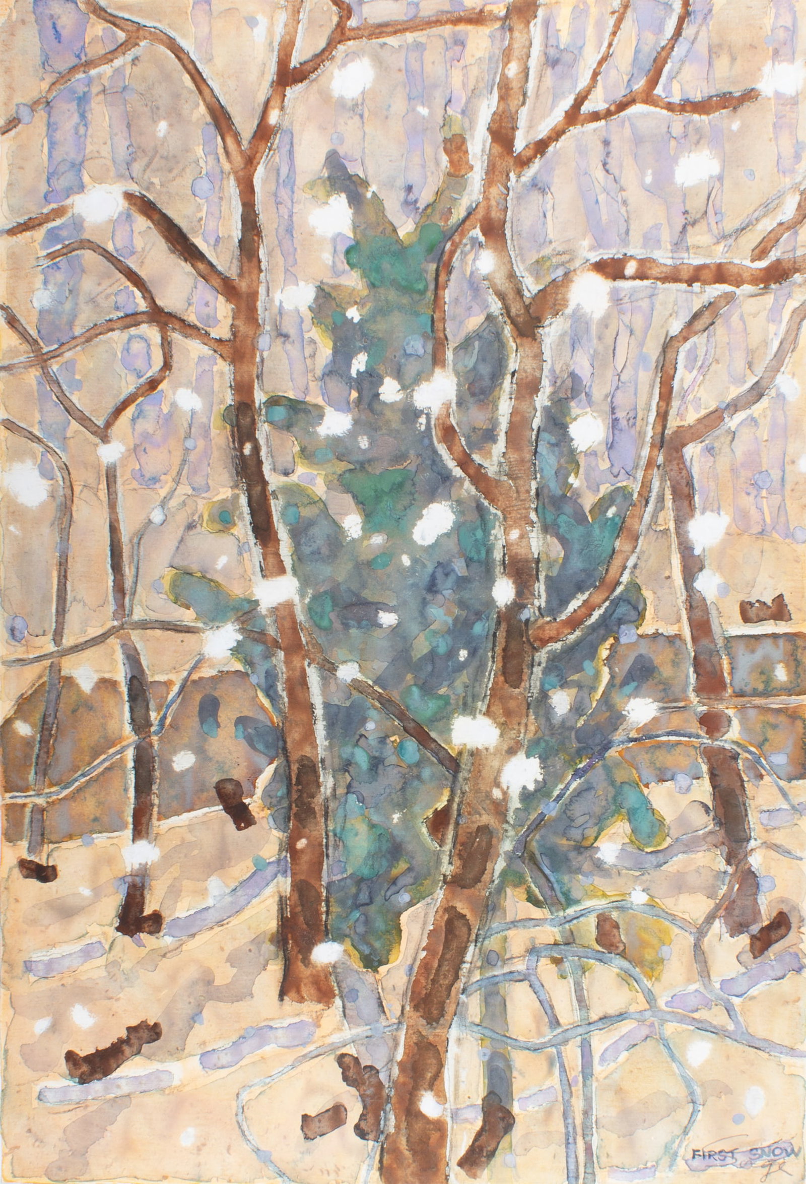 Walter Sorge "First Snow" Landscape Watercolor Painting: Landscape watercolor painting titled First Snow by Walter Sorge (Canadian; 1931-2021). Signed and titled lower right. Measurements: 25.5" W x 37.5" H (sheet). In