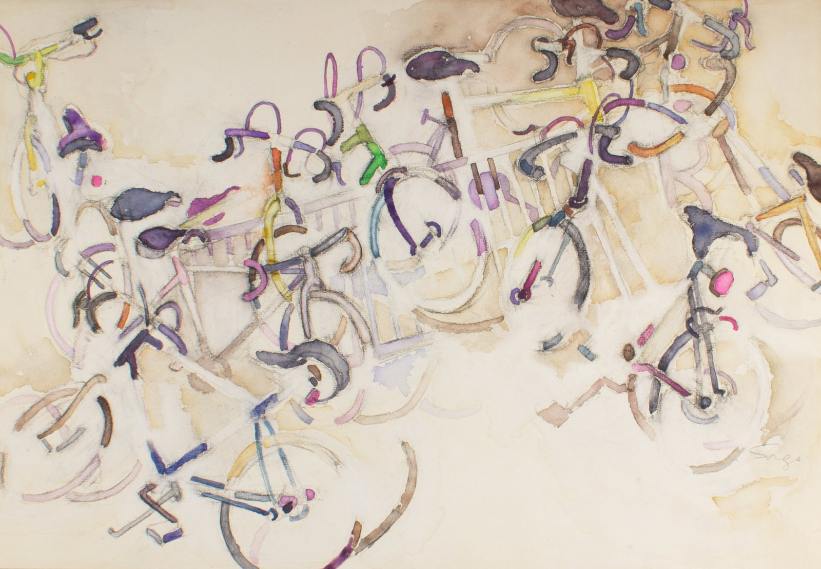 Walter Sorge Watercolor Painting of Bicycles: Abstract watercolor painting with charcoal of bicycles by Walter Sorge (Canadian; 1931-2021). Signed lower right. Measurements: 35.35" W x 22.75" H (sheet). In house shipping