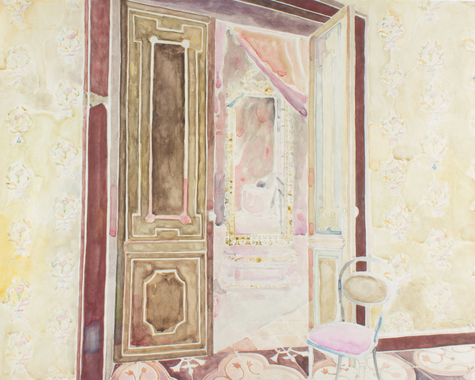 Walter Sorge Watercolor Painting of an Interior: Watercolor painting of an interior by Walter Sorge (Canadian; 1931-2021). Signed lower right. Measurements: 23.5" W x 18.25" H. In house shipping available. From