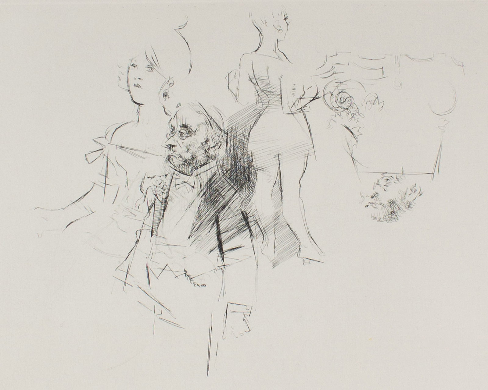 Jack Levine "The Great Society" Etching: Etching titled The Great Society by Jack Levine (American; 1915-2010). Signed and numbered 61/100 lower edge. Measurements: 14" H x 19.75" W (sheet); 8.75" H x 12"
