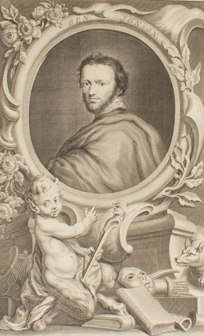 Jacobus Houbraken 1738 Portrait Engraving "Ben Jonson": 1738 portrait line engraving of the playwright Ben Jonson. Engraving by Jacobus Houbraken (1698-1780) after a painting by Isaac Oliver, published by John & Paul Knapton. 