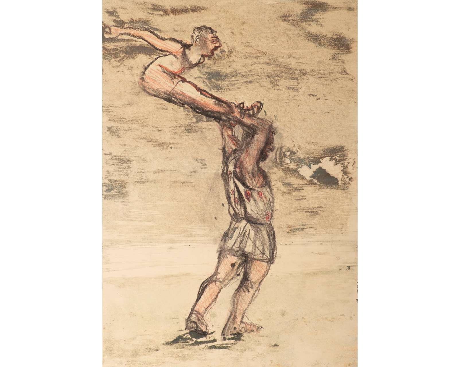 Robert Henry Abstract Mixed Media Drawing and Print: Figurative drawing and print by Robert Henry (American; born 1933). Signed "R. Henry" to the lower edge. The work is mounted onto a cream piece of paper. 