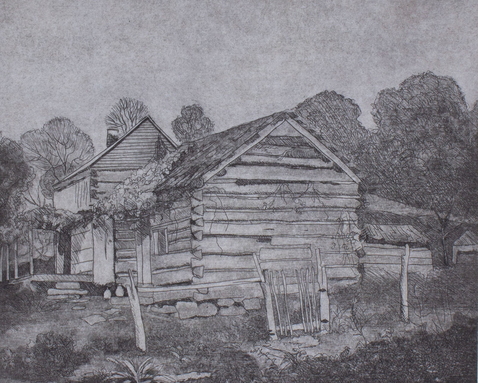 Art Humpal Limited Edition Brown County Etching: Limited edition etching of a Brown County, Indiana cabin by artist Art Humpal (American; 1902-1998). Signed “Art Humpal” lower right, numbered 23/25 lower left. Marked “Echo