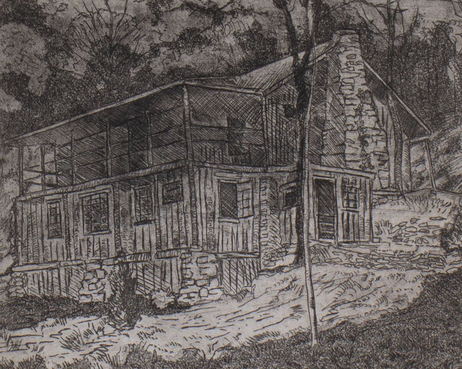 Art Humpal Limited Edition Brown County Indiana Etching: Limited edition etching of Brown County, Indiana cabin by artist Art Humpal (American; 1902-1998). Signed “Art Humpal” lower right, numbered 15/25 lower left. Marked “Echo