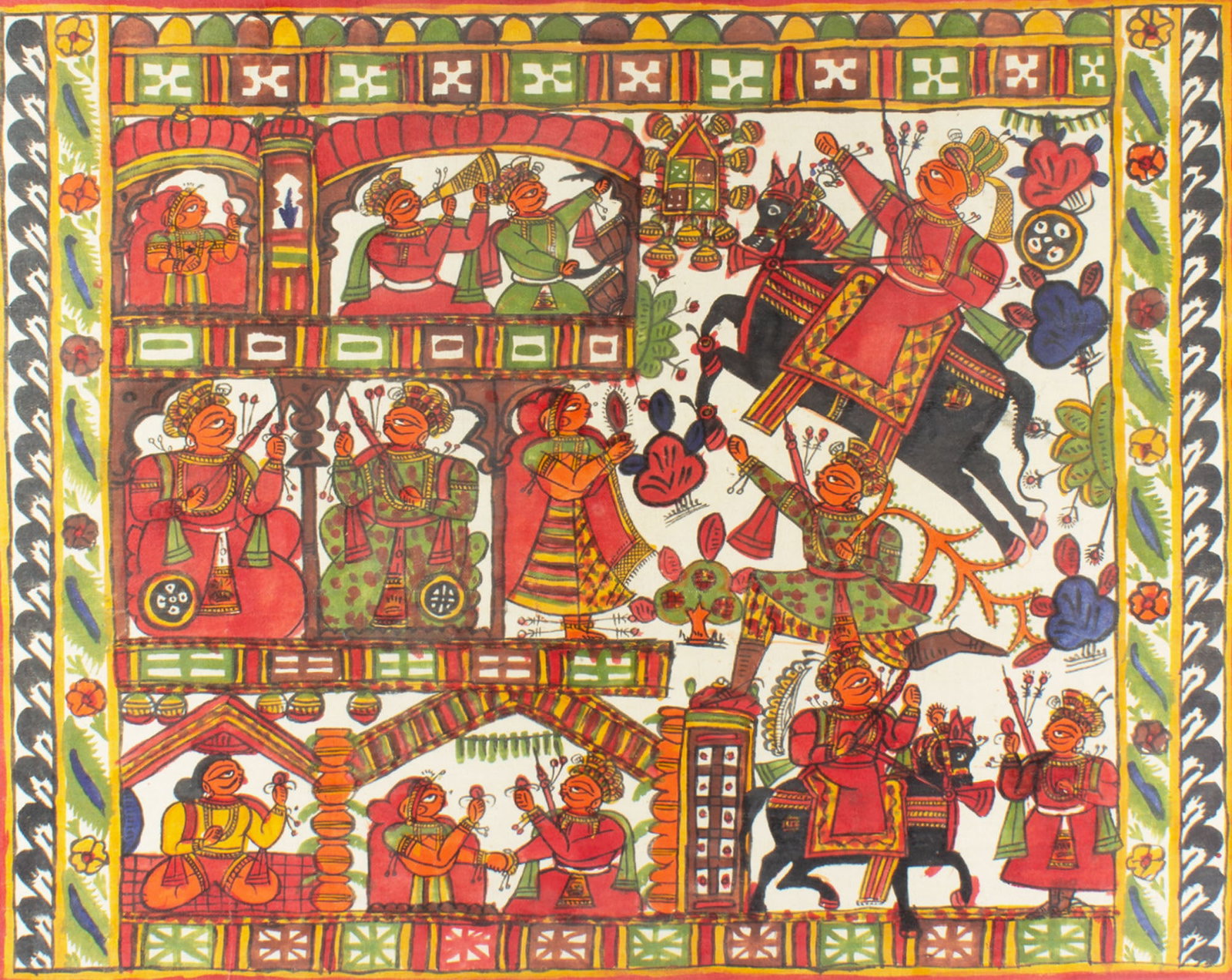Indian Phad Narrative Painting on Cloth: Indian narrative Phad painting on cloth. Measurements: 35" W x 28.5" H x 1.25" D (frame). In house shipping available.