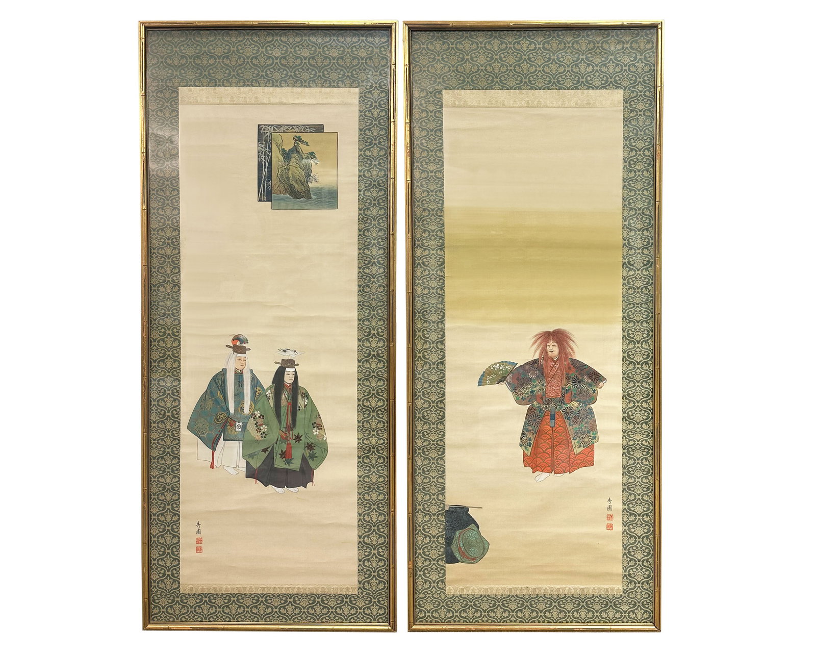 Pair of Chinese Signed Scroll Paintings on Silk: Pair of Chinese scroll paintings on silk, both signed. Measurements: 23.25" W x 56" H x 1" D (frame). Pickup or third party shipping required.