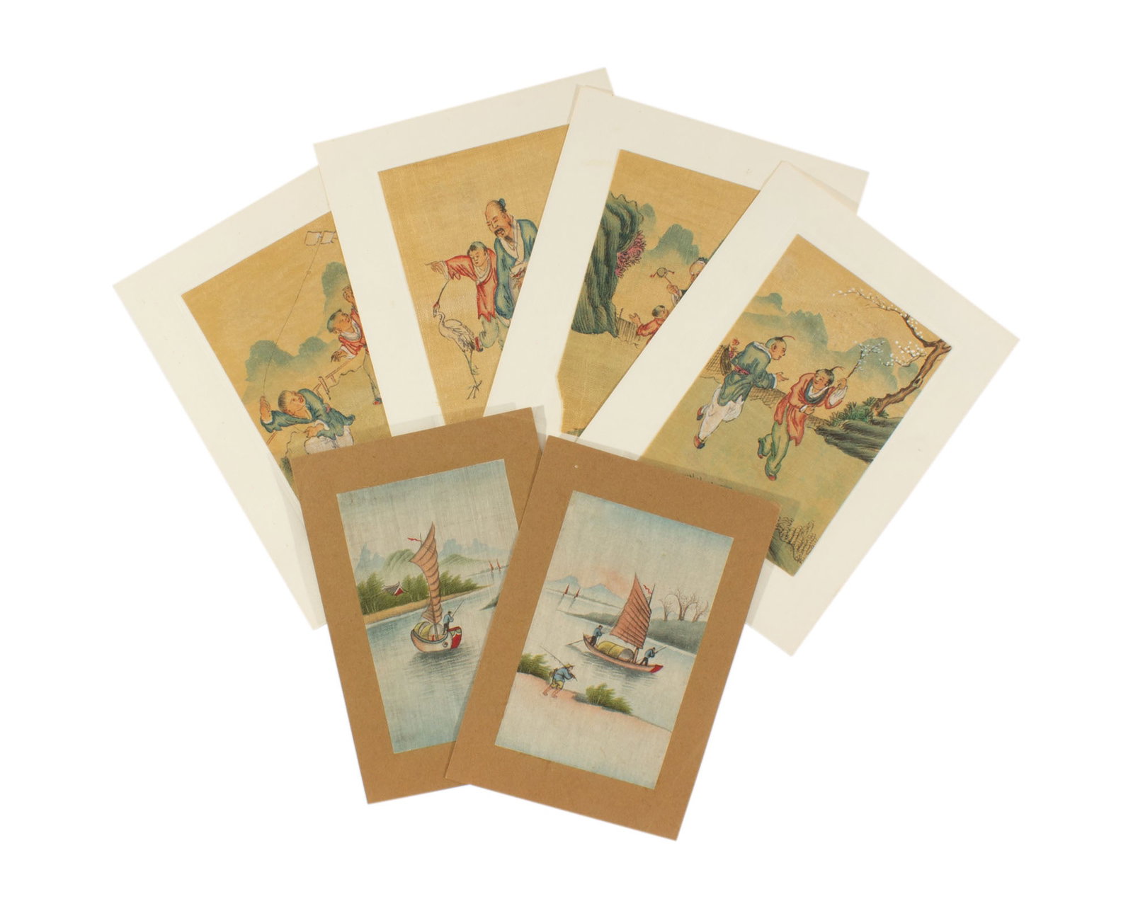 Chinese Paintings of Figures and Boats: Group of six Chinese paintings depicting boats or figures. Measurements: 5.5" W x 7.25" H (larger sheet). In house shipping available. 