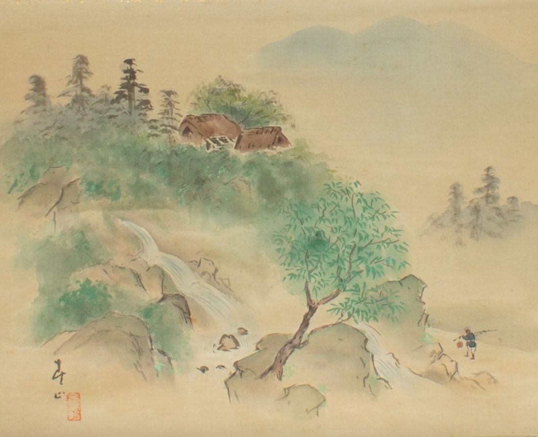 Chinese Scroll Painting of a Landscape: Chinese scroll painting with a landscape scene. Signed lower left. Measurements: 23" W x 37" H. In house shipping available.
