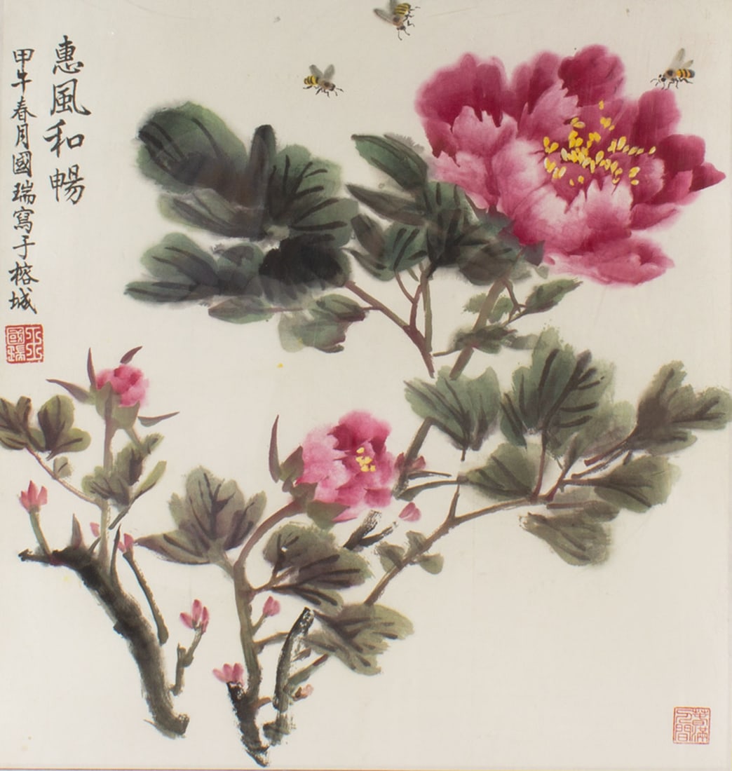 Chinese Painting of Peonies and Bees: Chinese painting of blossoming peonies with three bees. Signed upper left. Measurements: 23" W x 29" H x 1" D (frame). In house shipping available.