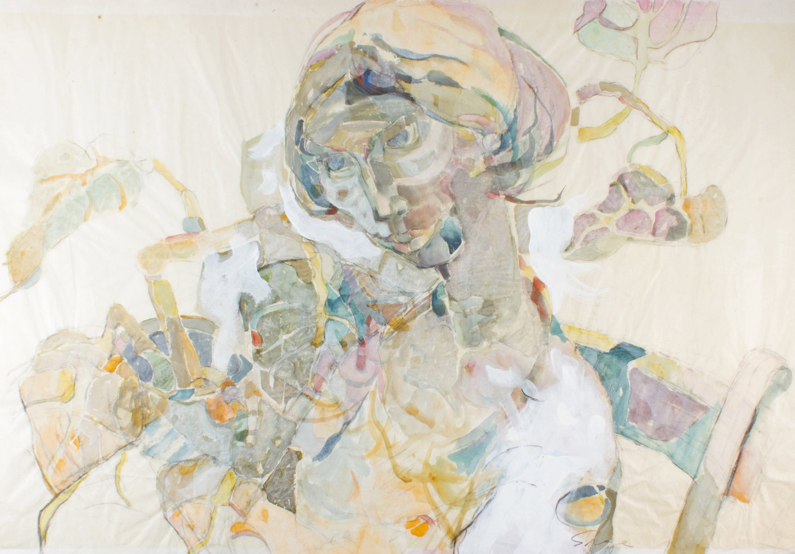 Walter Sorge Abstract Mixed Media Portrait Painting: Abstract portrait mixed media on paper painting by Walter Sorge (Canadian; 1931-2021). Signed lower edge. Measurements: 38.75" W x 25" H. In house shipping available. 