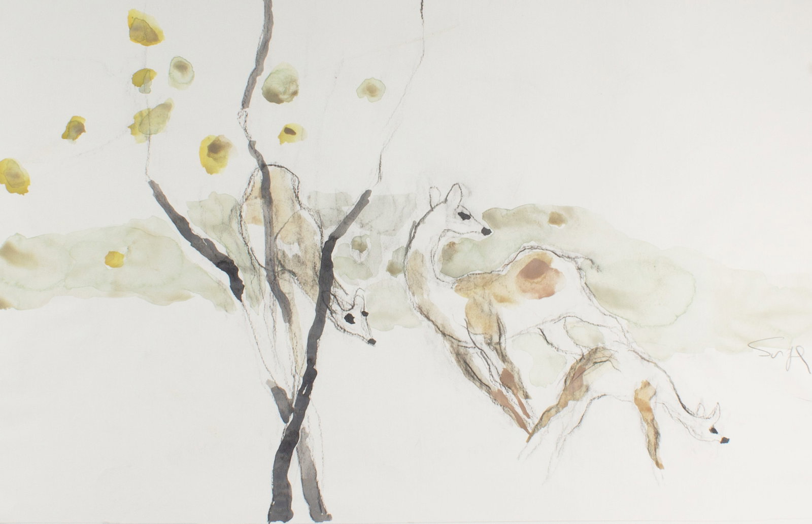 Walter Sorge Watercolor and Charcoal of Deer: Watercolor painting on paper with charcoal of deer by Walter Sorge (Canadian; 1931-2021). Signed right edge. Measurements: 37.75" W x 25.5" H. In house shipping