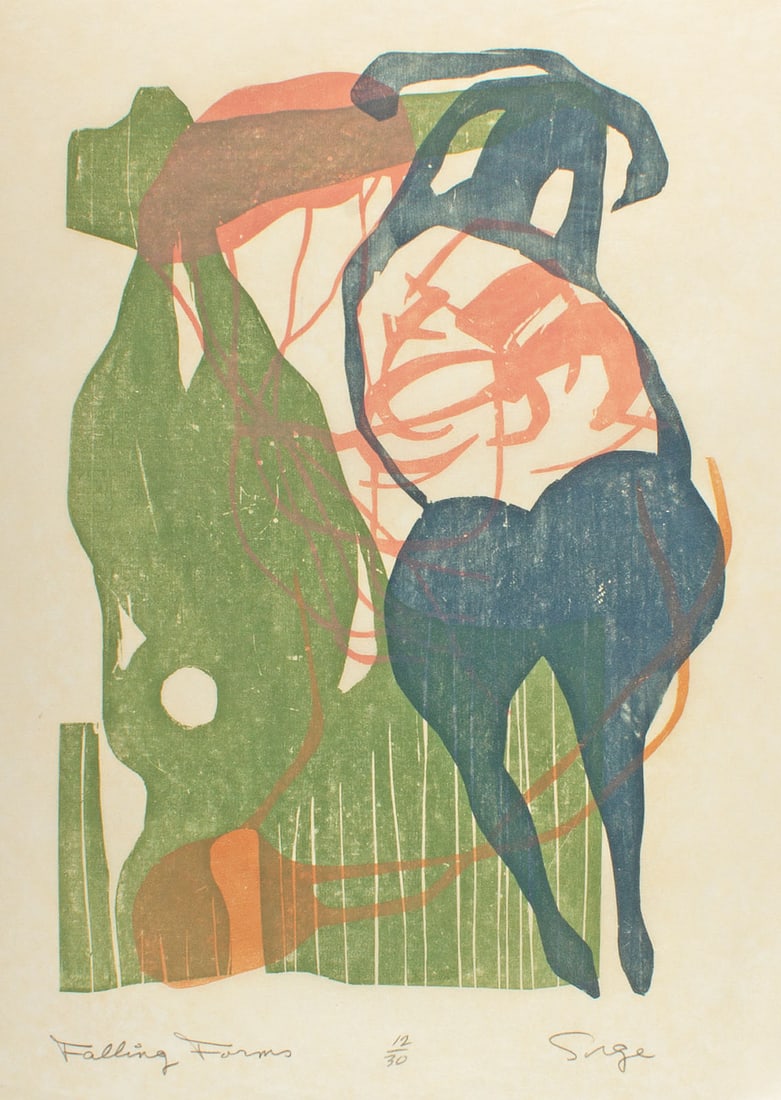 Walter Sorge "Falling Forms" Abstract Relief Print: Relief print titled Falling Forms by Walter Sorge (Canadian; 1931-2021). Signed, numbered, titled lower edge. Measurements: 18" W x 24.25" H (sheet). In house shippin