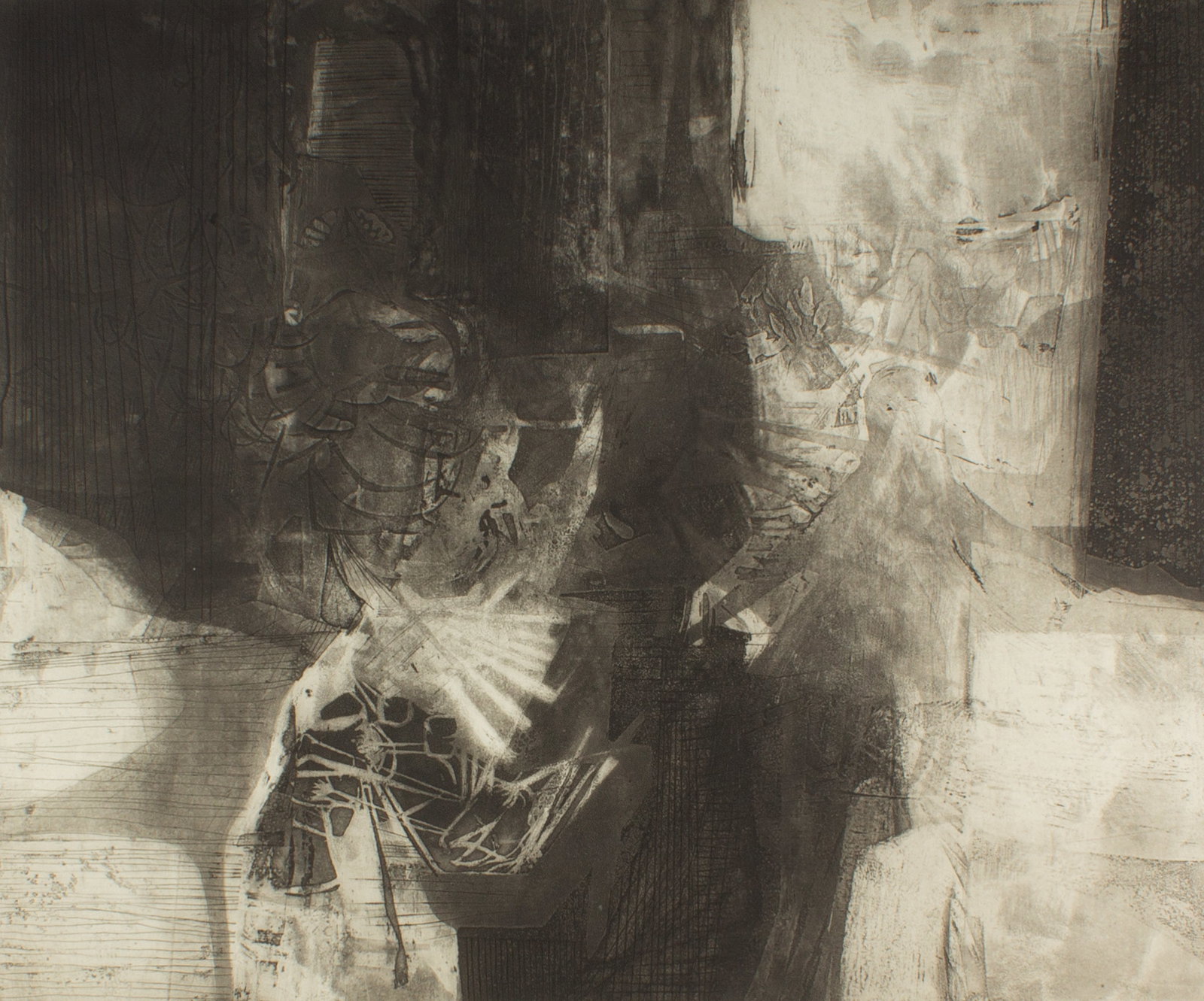 Walter Sorge "Atelier" Limited Edition Aquatint Print: Limited edition aquatint print titled Atelier by Walter Sorge (Canadian; 1931-2021). Signed, titled, numbered 15/30 lower edge. Measurements: 26.5" W x 23" H (sheet); 23.25&