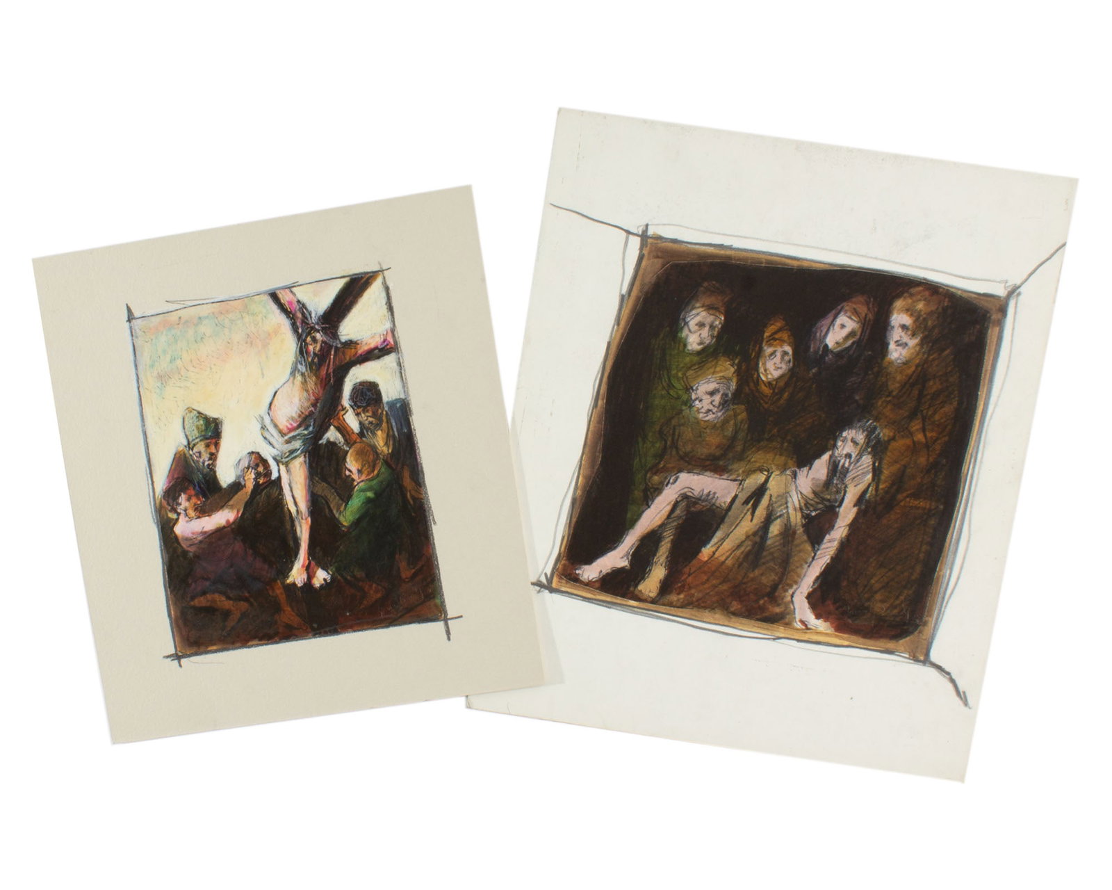 James L. Bruch Mixed Media Religious Paintings: Set of two mixed media paintings on paper by James L. Bruch (American; 1942-2023). Both signed to the lower right. Measurements: 11" W x 13.5" H (largest piece). In house shipp