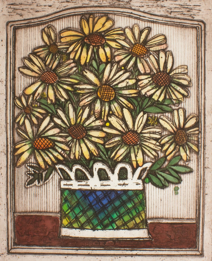 Alfred Cohen "Marguerites" Intaglio Print: Intaglio print of flowers, titled Marguerites, by Alfred Cohen (American; 1920-2001). Signed, titled, numbered XVII/XXV to lower edge. Measurements: 14.75" W x 17.5" H (sheet); 1