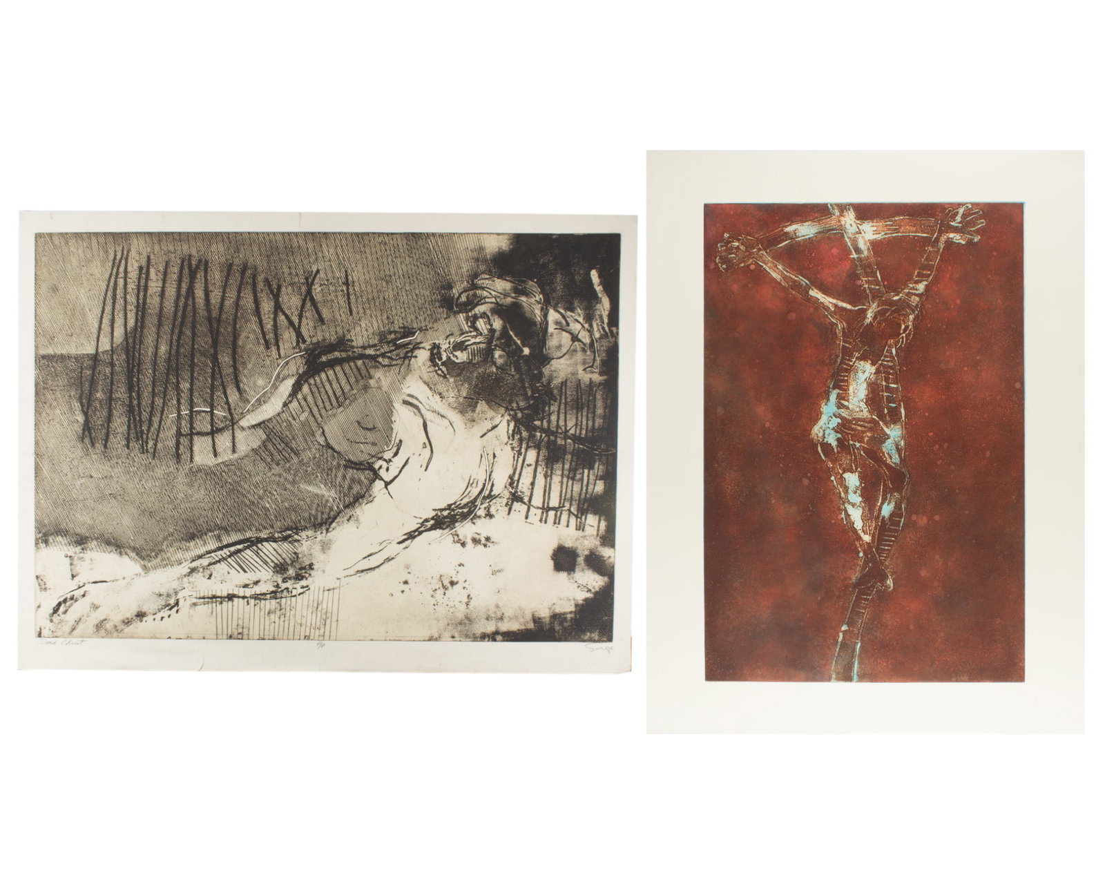 Walter Sorge Intaglio Prints of Christ: Two intaglio prints of Christ by Walter Sorge (Canadian; 1931-2021). Included is an unsigned print and an artist's proof signed print titled Dead Christ. From the artist's estate. 