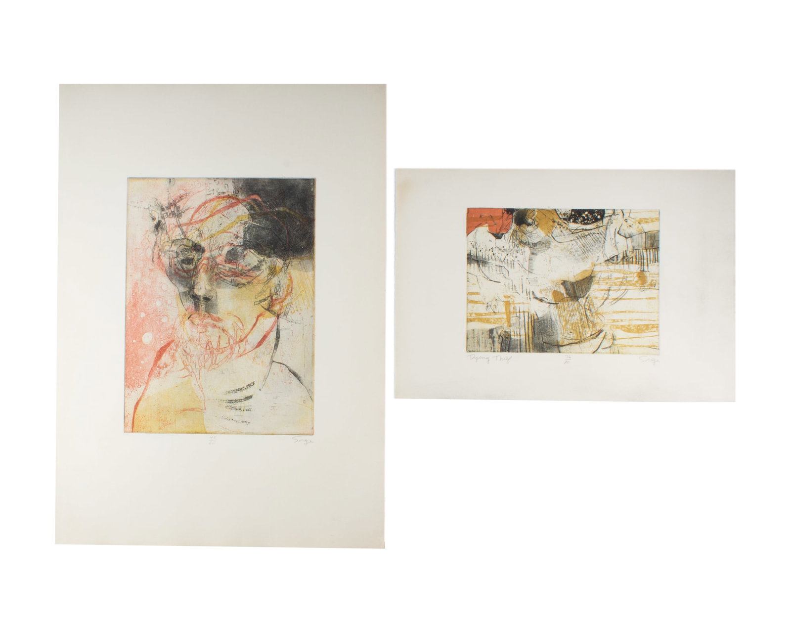 Walter Sorge Limited Edition Abstract Aquatint Prints: Two limited edition abstract aquatint prints by Walter Sorge (Canadian; 1931-2021). Included is an untitled portrait print and a print titled Dying Thief. Both prints are signed and numbered