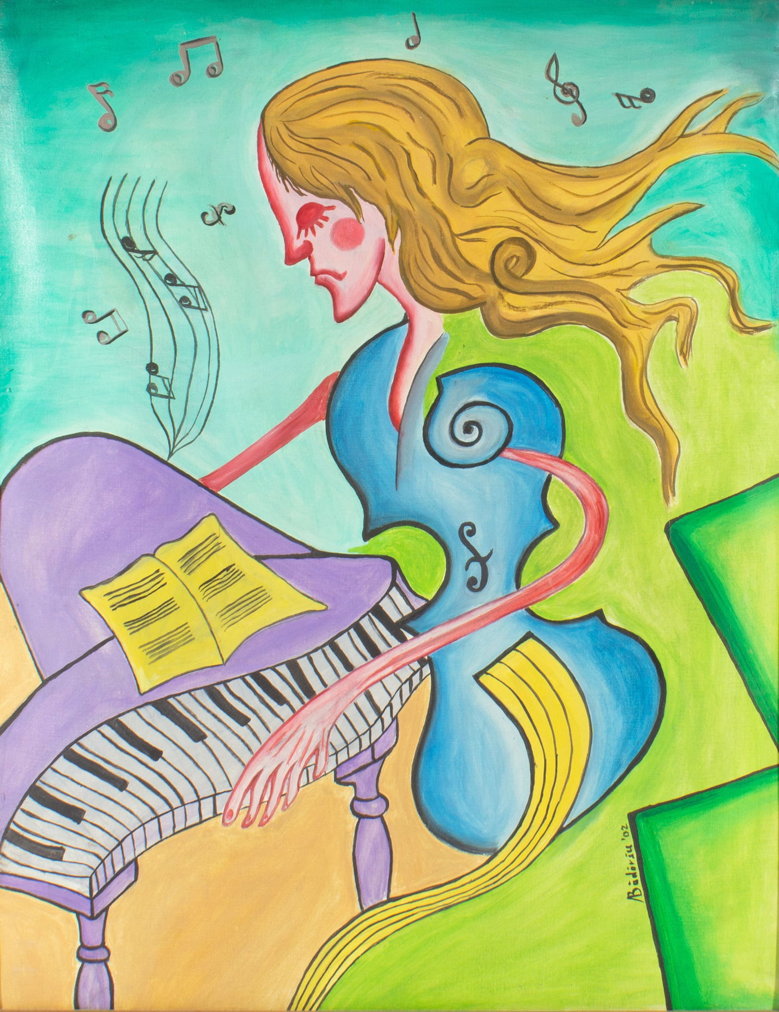 A. Badorsu 2002 Acyrlic on Canvas Painting: 2002 acrylic on unstretched canvas painting of a woman in the shape of a cello playing the piano. Signed "A. Badorsu" and dated lower right. Measurements: 23.75" W x 29.5" H