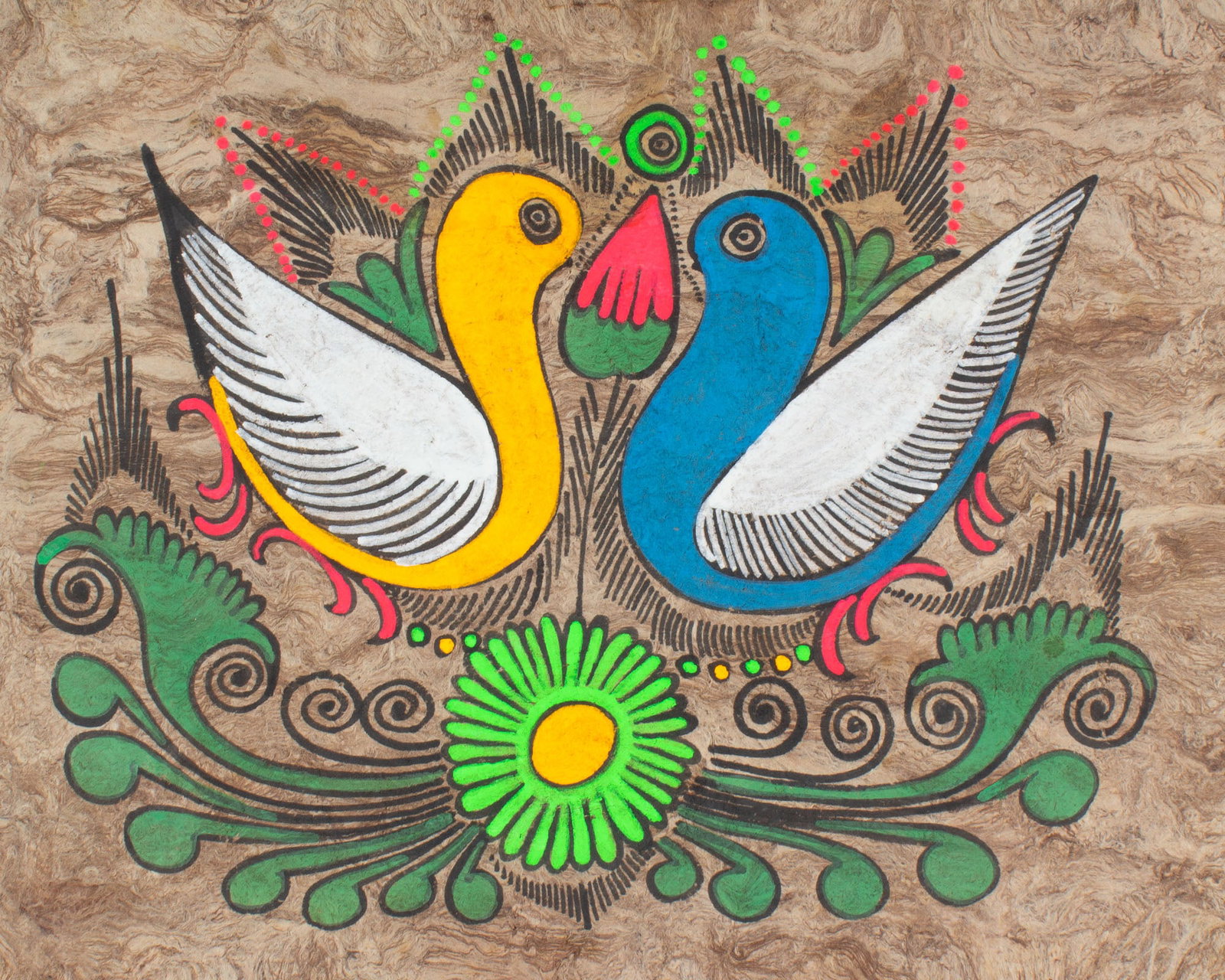 Mexican Folk Art Painting on Amate Bark: Mexican folk art painting of birds on Amate bark paper. Measurements: 15.5" W x 11.25" H. In house shipping available.