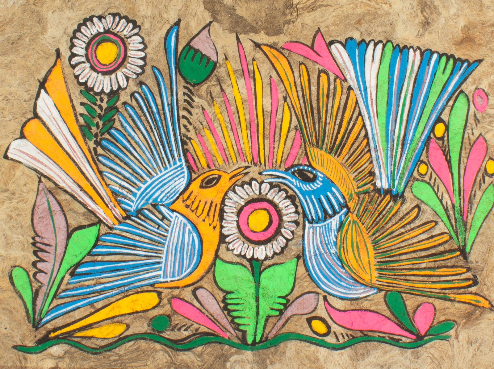 Mexican Folk Art Painting on Amate Bark: Mexican folk art painting on Amate bark paper of birds. Measurements: 12" W x 9.25" H. In house shipping available.