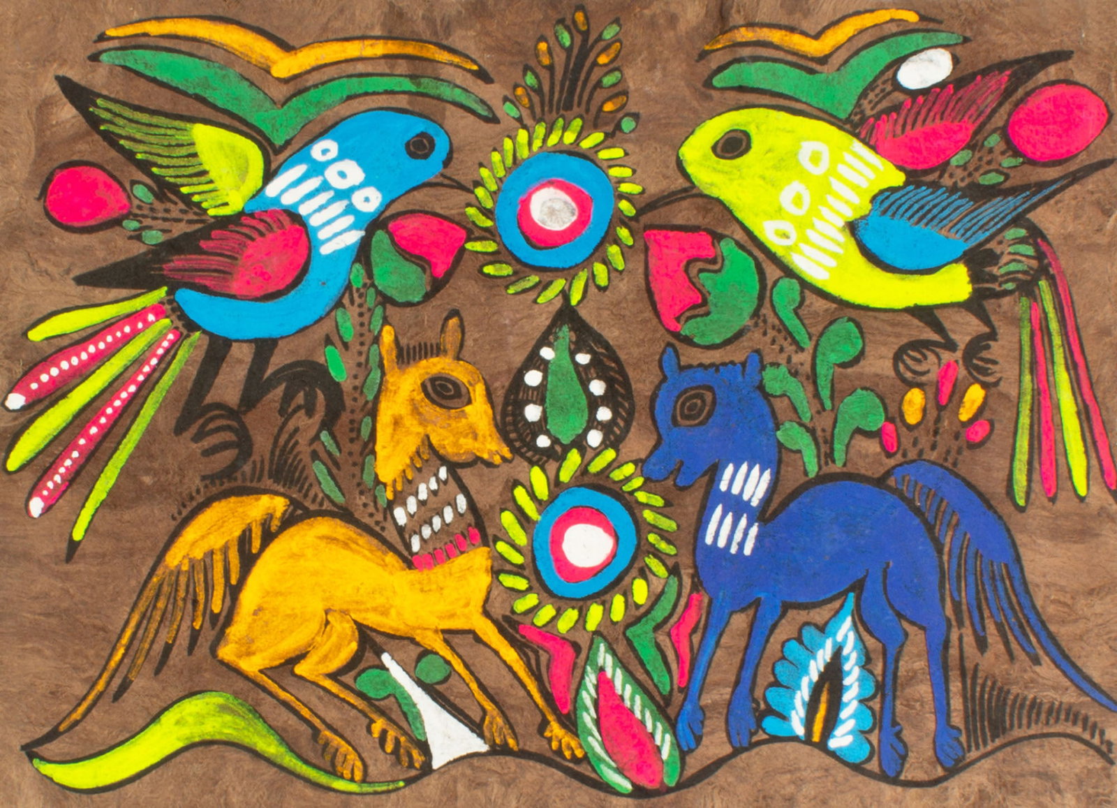 Mexican Folk Art Painting on Amate Bark: Mexican folk art painting on Amate bark paper of birds and winged deer. Measurements: 14.5" W x 11" H. In house shipping available.