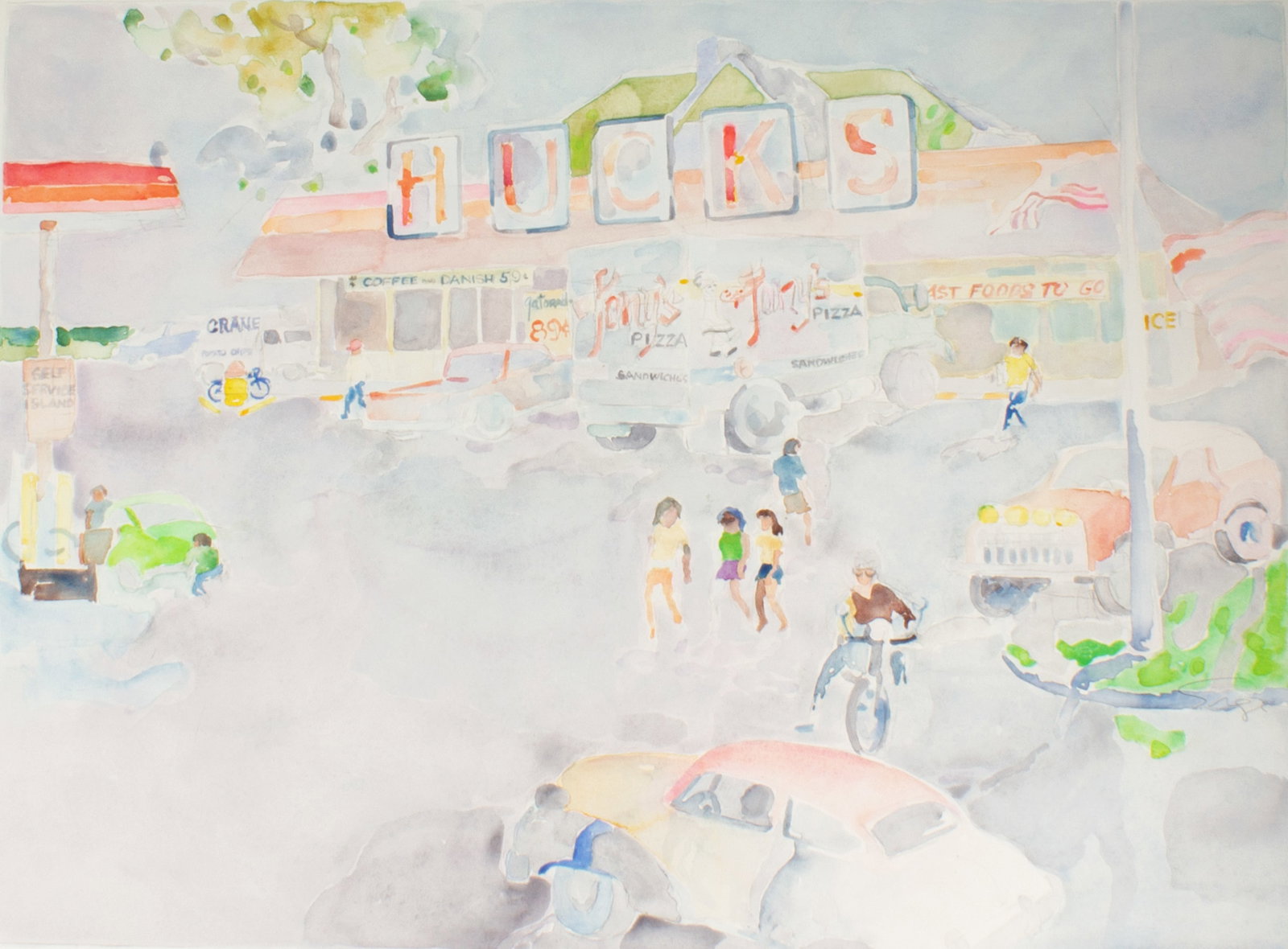 Walter Sorge Watercolor of a Grocery Store: Watercolor painting of a grocery store parking lot by Walter Sorge (Canadian; 1931-2021). Signed lower right. Measurements: 30.5" W x 23" H (sheet); 24" W x 18"H (image). In house shipping available. 