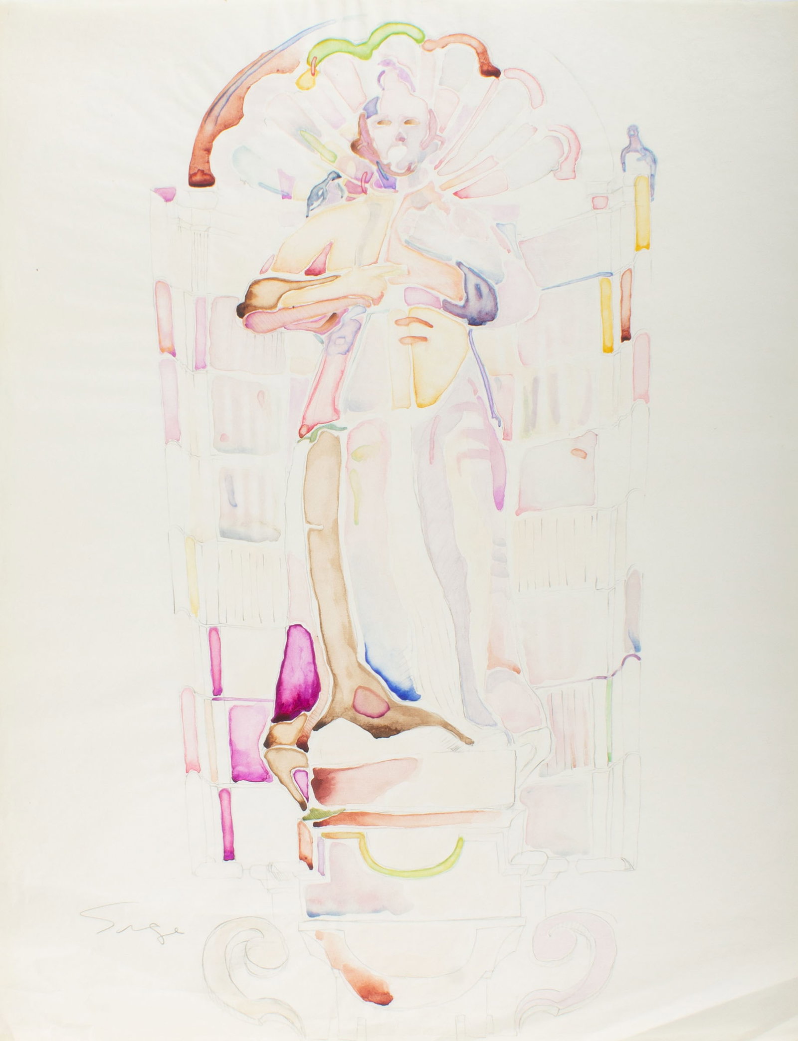 Walter Sorge Watercolor Painting of a Statue: Watercolor painting of a statue in a niche by Walter Sorge (Canadian; 1931-2021). Signed lower left. Measurements: 18" W x 23.5" H. In house shipping available. Fro