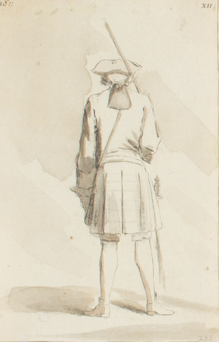 Jean Audran Attrib. Antique Etching of a Soldier: Antique etching of a solider most likely by Jean Audran (French; 1667-1756). This image is possibly after a work by Jean-Antoine Watteau (French; 1684-1721) and from the book Figures de