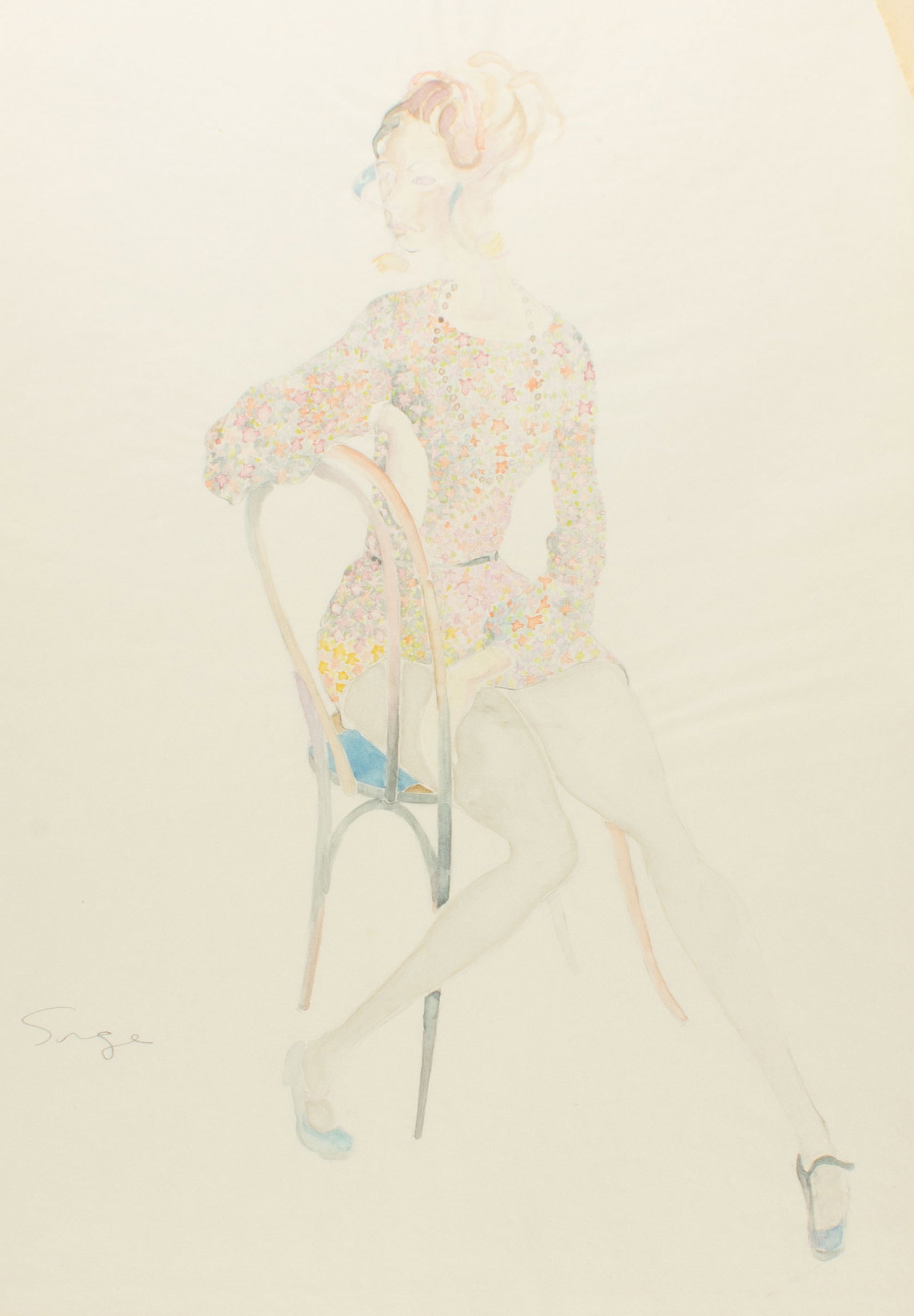 Walter Sorge Watercolor Painting of a Seated Woman: Watercolor painting of a woman sitting in a chair by Walter Sorge (Canadian; 1931-2021). Signed lower left. Measurements: 18" W x 23.25" H. In house shipping available. From Sheafer + King: Born in A