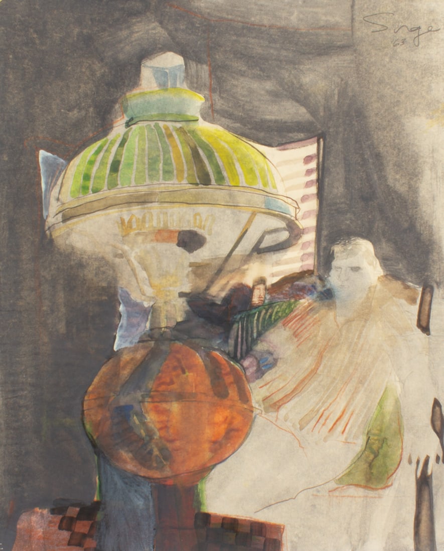 Walter Sorge Watercolor of an Interior: Watercolor painting of an interior with figure sitting in the background by Walter Sorge (Canadian; 1931-2021). Signed upper right. Measurements: 8" W x 10" H. In house shippin