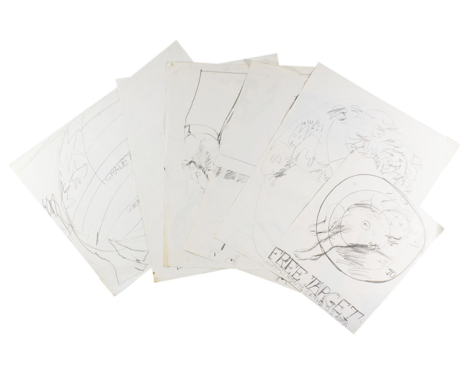 James L. Bruch 1960s Drawings: Group of six drawings from the 1960s by James L. Bruch (American; 1942-2023). Unsigned, each estate stamped verso. Measurements: 19" W x 23.75" H (single sheet). In house shipp