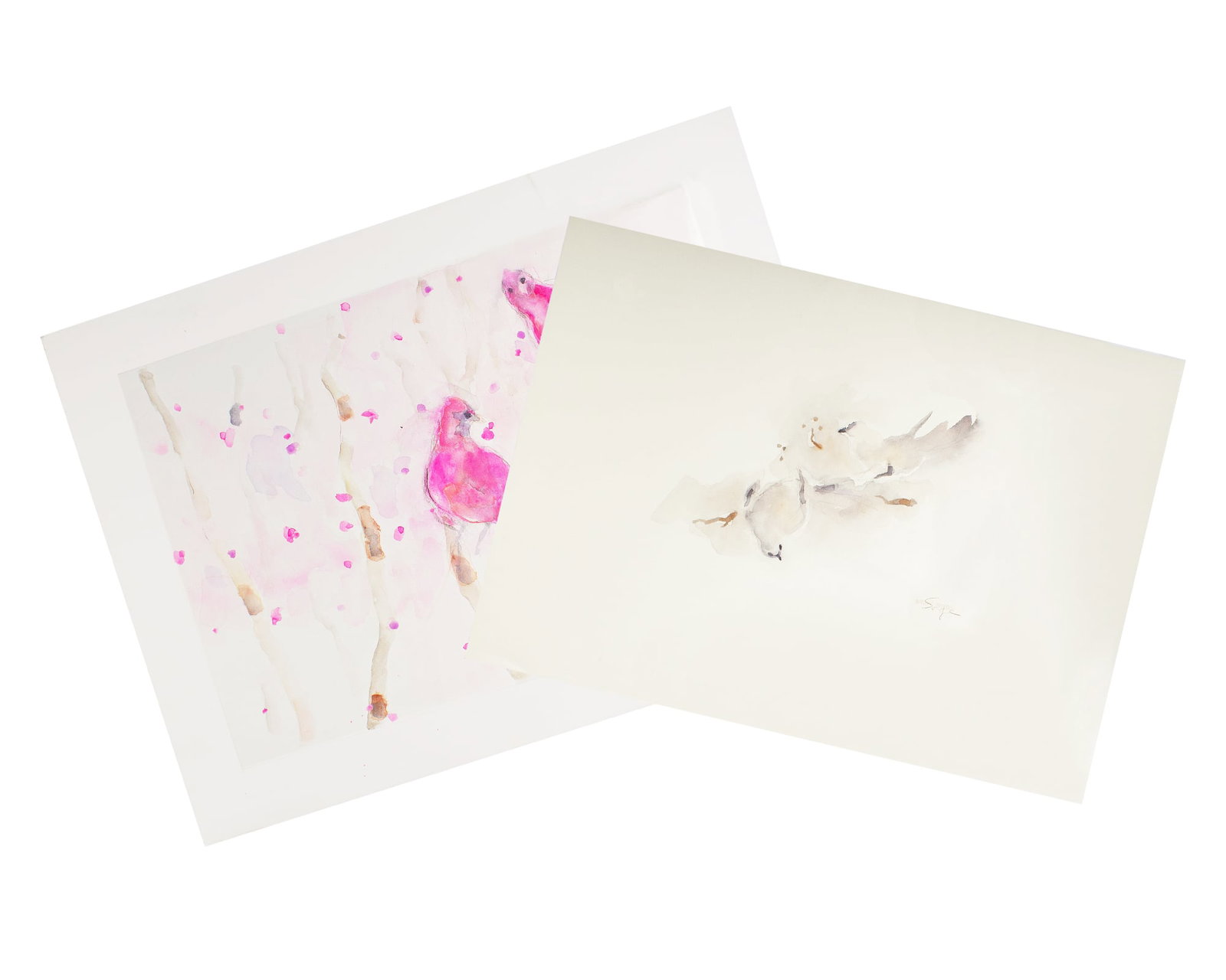 Walter Sorge Watercolor Paintings of Birds: Watercolor paintings of birds by Walter Sorge (Canadian; 1931-2021). Included is a painting titled Berry Bush and a painting titled Snow Birds. Both paintings are signed to the lower