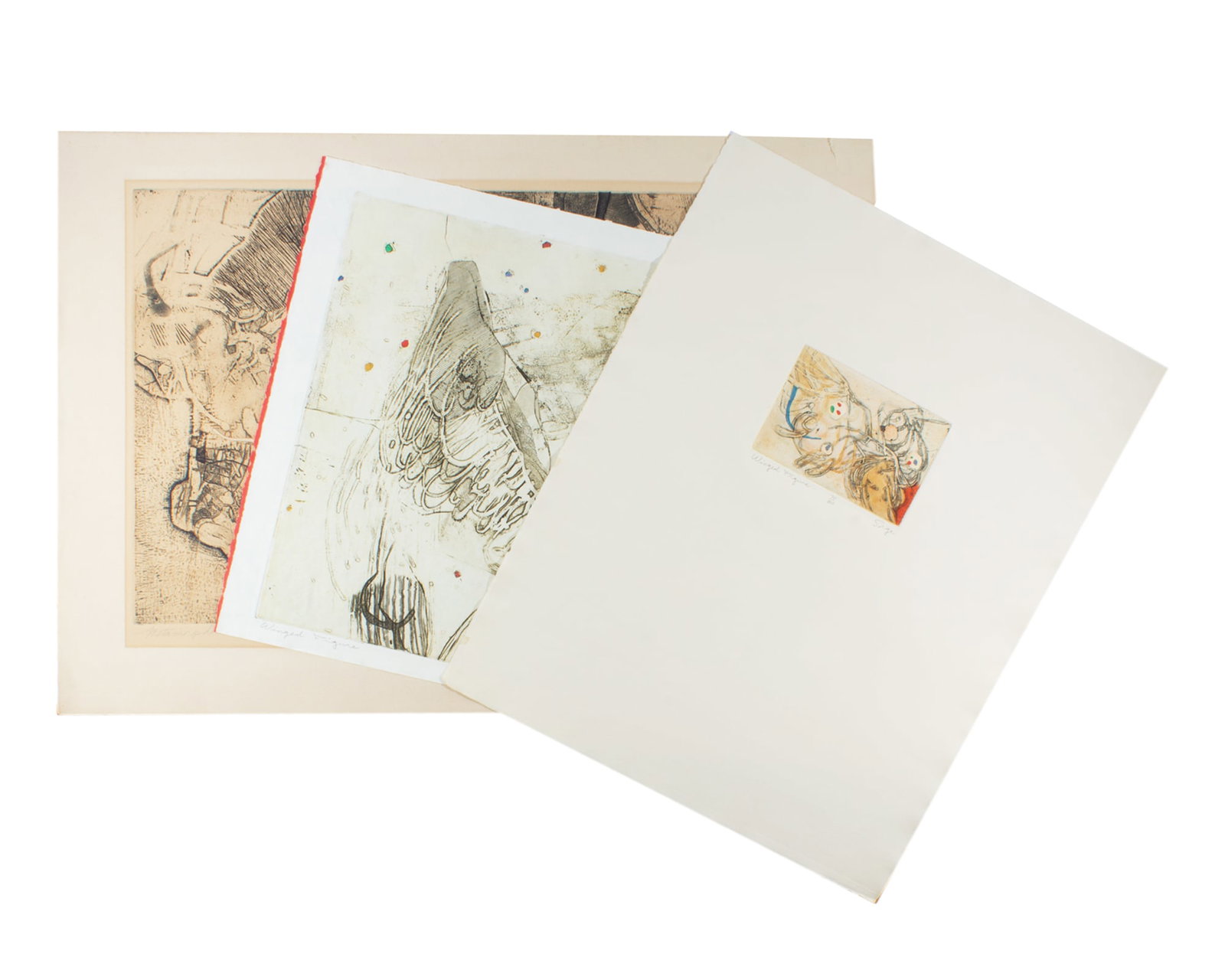 Walter Sorge Limited Edition Abstract Intaglio Prints: Three limited edition intaglio prints by Walter Sorge (Canadian; 1931-2021). Included are two prints titled Winged Figure and a print titled Metamorphic Forms. Each print is