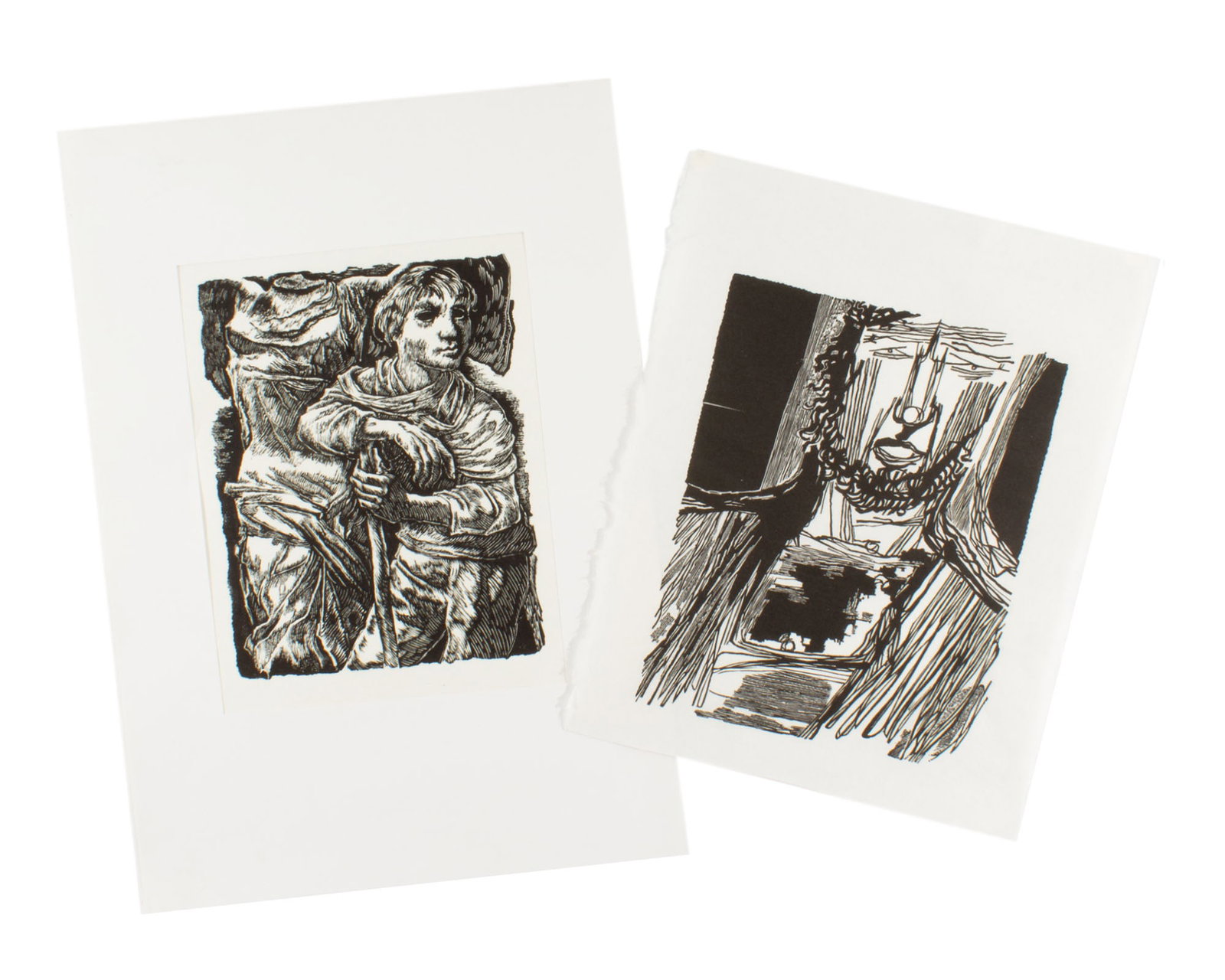 Hans Orlowski Woodcut Prints: Two woodcut prints of figures by Hans Orlowski (German; 1894-1967). Unsigned, one print is estate stamped lower edge. Measurements: 14" W x 19.75" H (paper mat). 