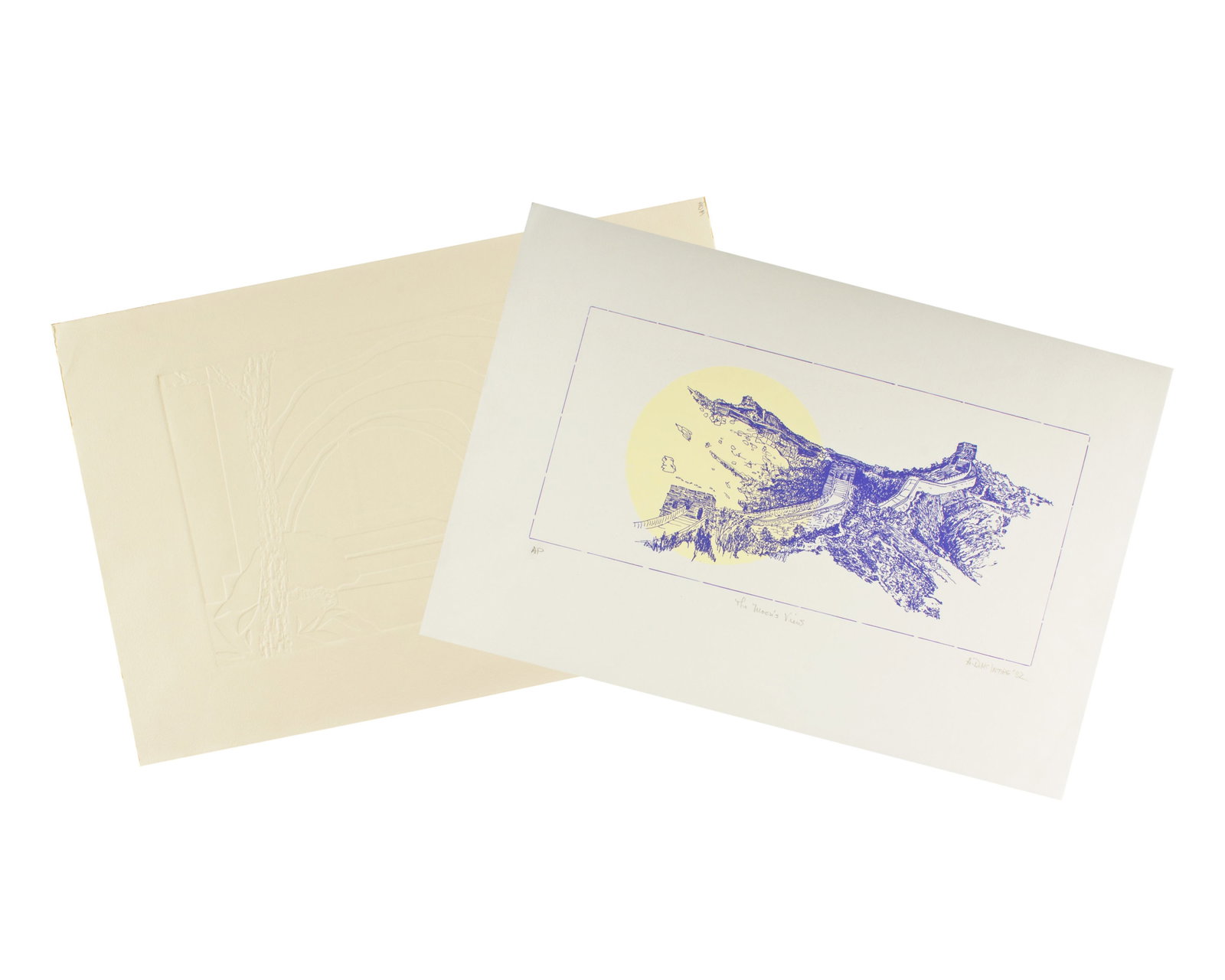A.D. McIntire Prints: Two prints by A.D. McIntire. Included is an embossed print initialed to one corner and a 1982 signed screen print titled The Moon's View. Measurements: 22.25" W x 15" H