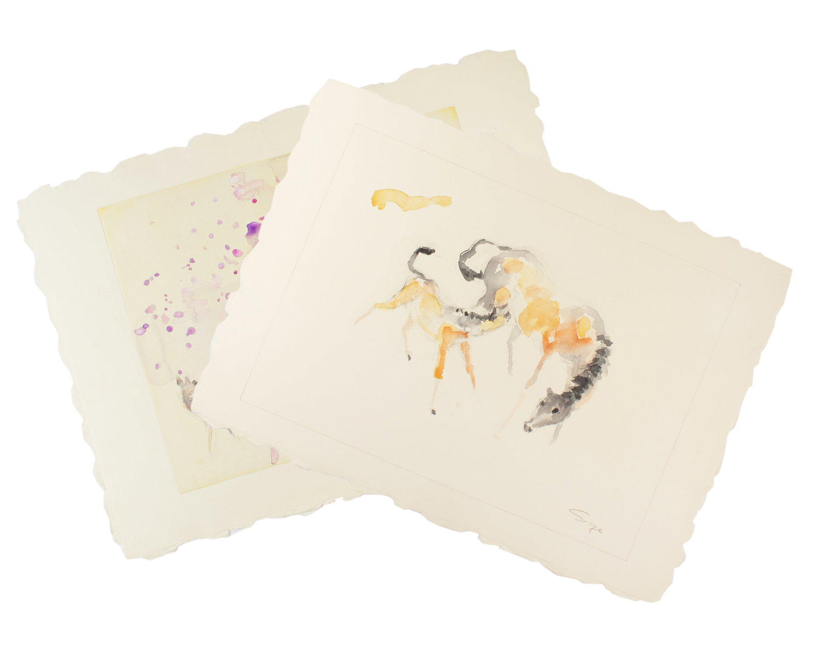 Walter Sorge Watercolor Paintings of Horses and Deer: Two watercolor paintings, one of horses and one of a deer, by Walter Sorge (Canadian; 1931-2021). One painting is signed, the other is unsigned. Measurements: 28.5" W x 21" H