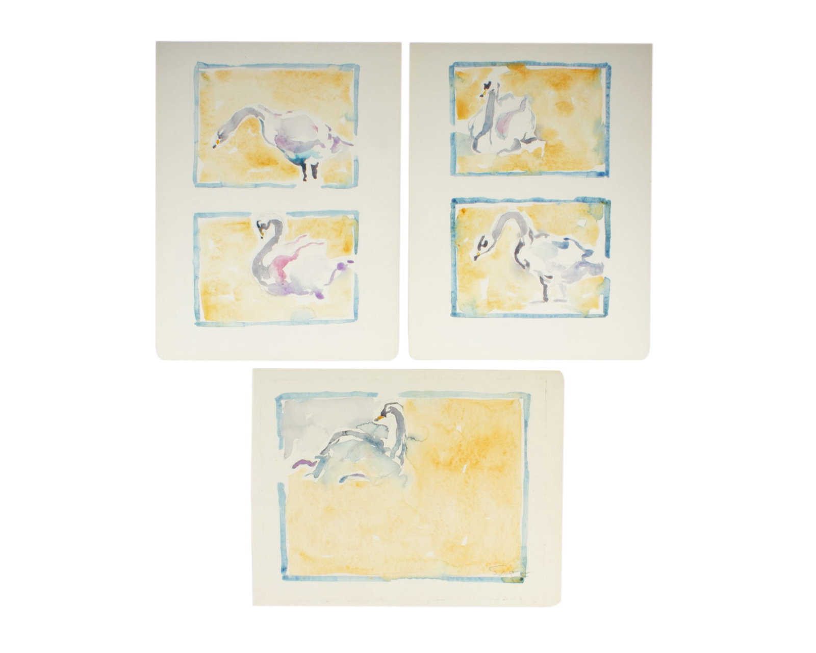 Walter Sorge Watercolor Paintings of Swans: Watercolor paintings on paper of swans by Walter Sorge (Canadian; 1931-2021). Largest painting signed lower right, other works are unsigned. Measurements: 11.75" W x 9" H (single