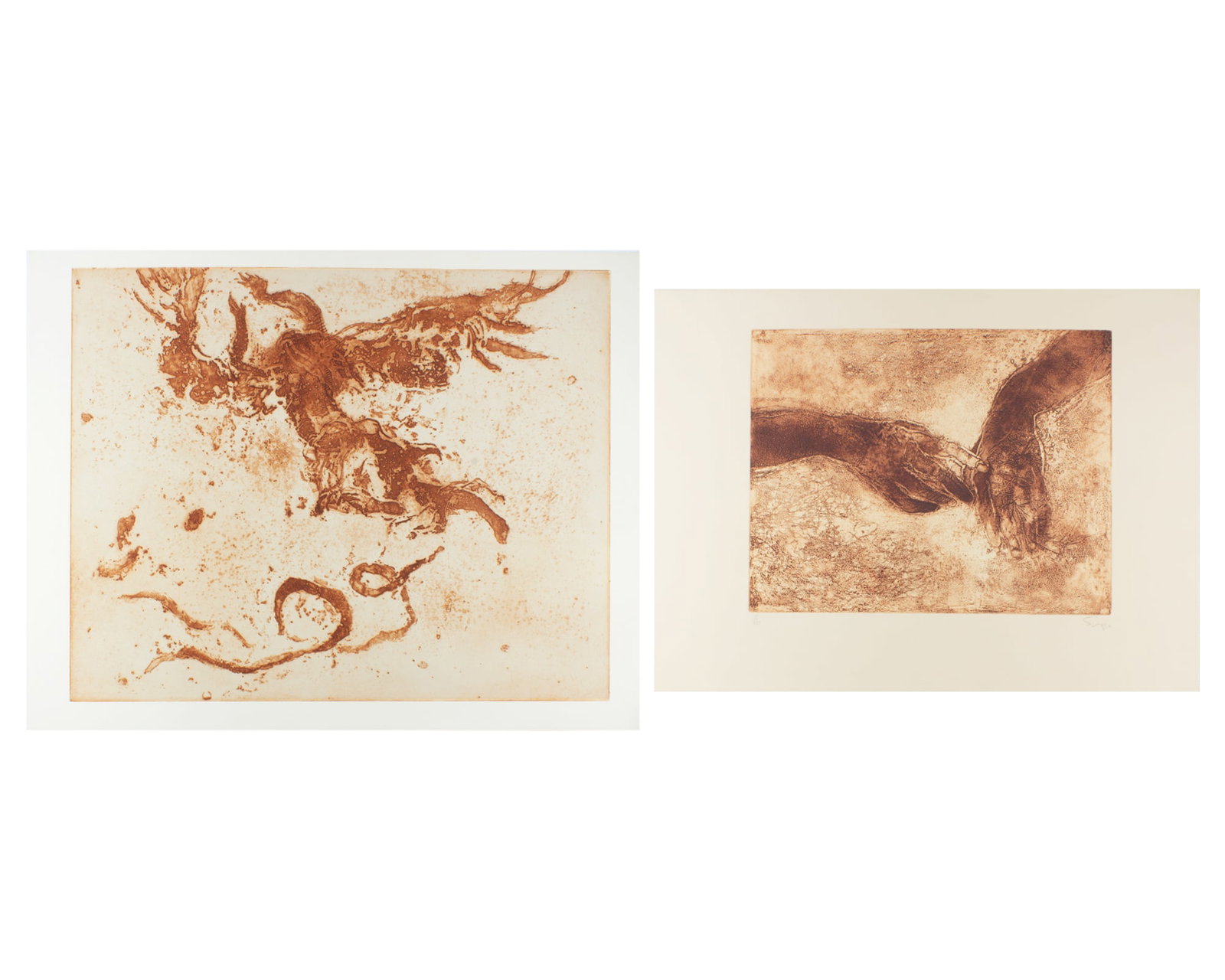 Walter Sorge Intaglio Prints: Two intaglio prints by Walter Sorge (Canadian; 1931-2021). Included is an unsigned print of an angel and a signed, limited edition print of hands. From the artist's estate. Measurements: 34