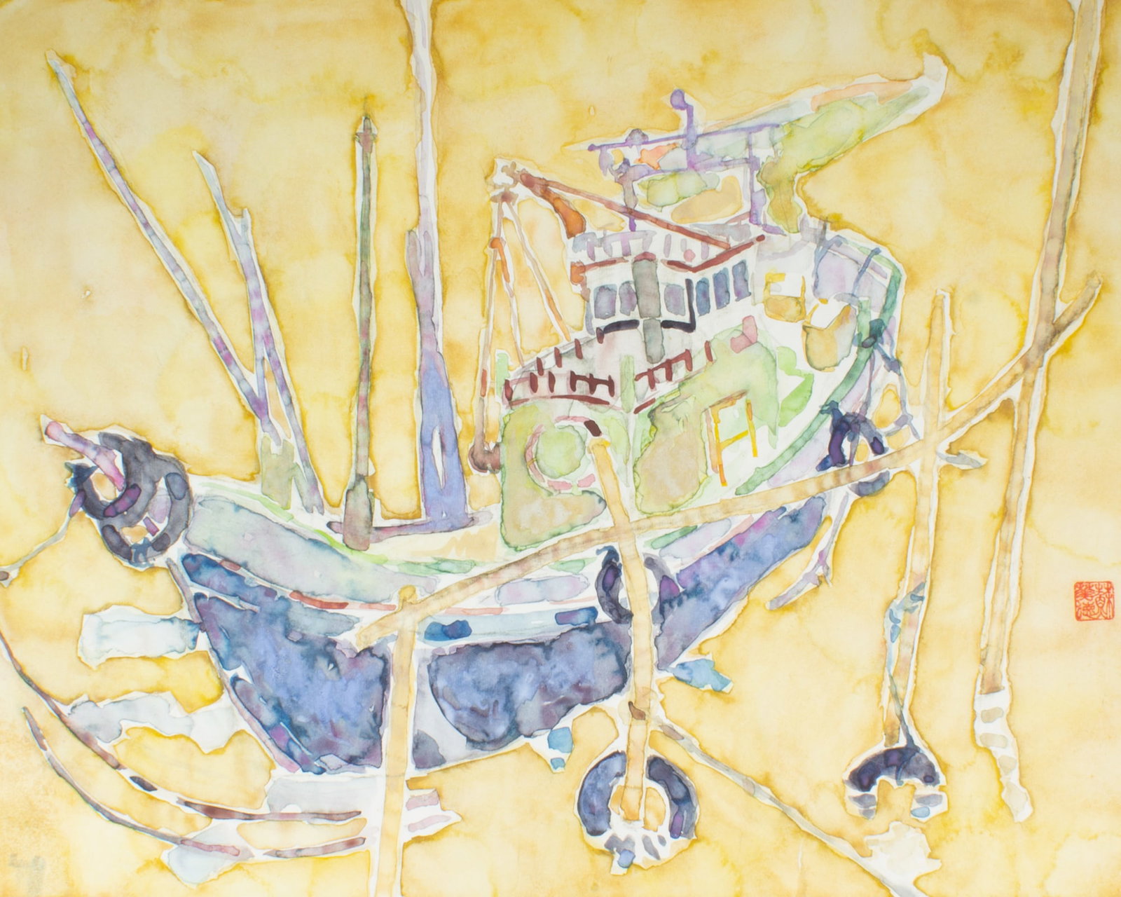 Walter Sorge Watercolor of a Boat: Watercolor painting of a boat by Walter Sorge (Canadian; 1931-2021). Artist chopmark stamped to lower right. Measurements: 23" W x 18.25" H (sheet). In house shipping available