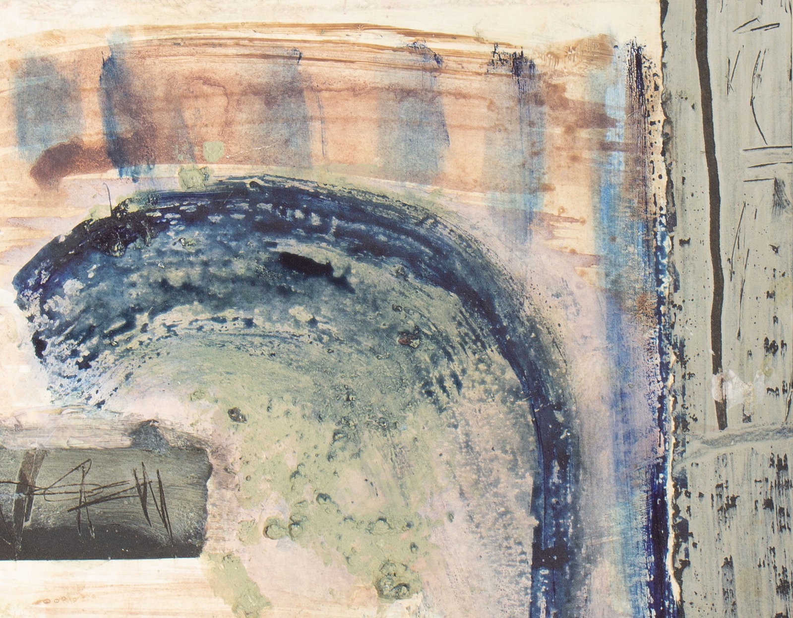 Juliet Holland 2002 "Ocean Arrow #15" Mixed Media Painting: 2002 mixed media collage and painting on paper by Juliet Holland (American; 1937-2017). Titled Ocean Arrow #15. Signed, titled, dated verso of back board. Signed and dated verso of sheet. 