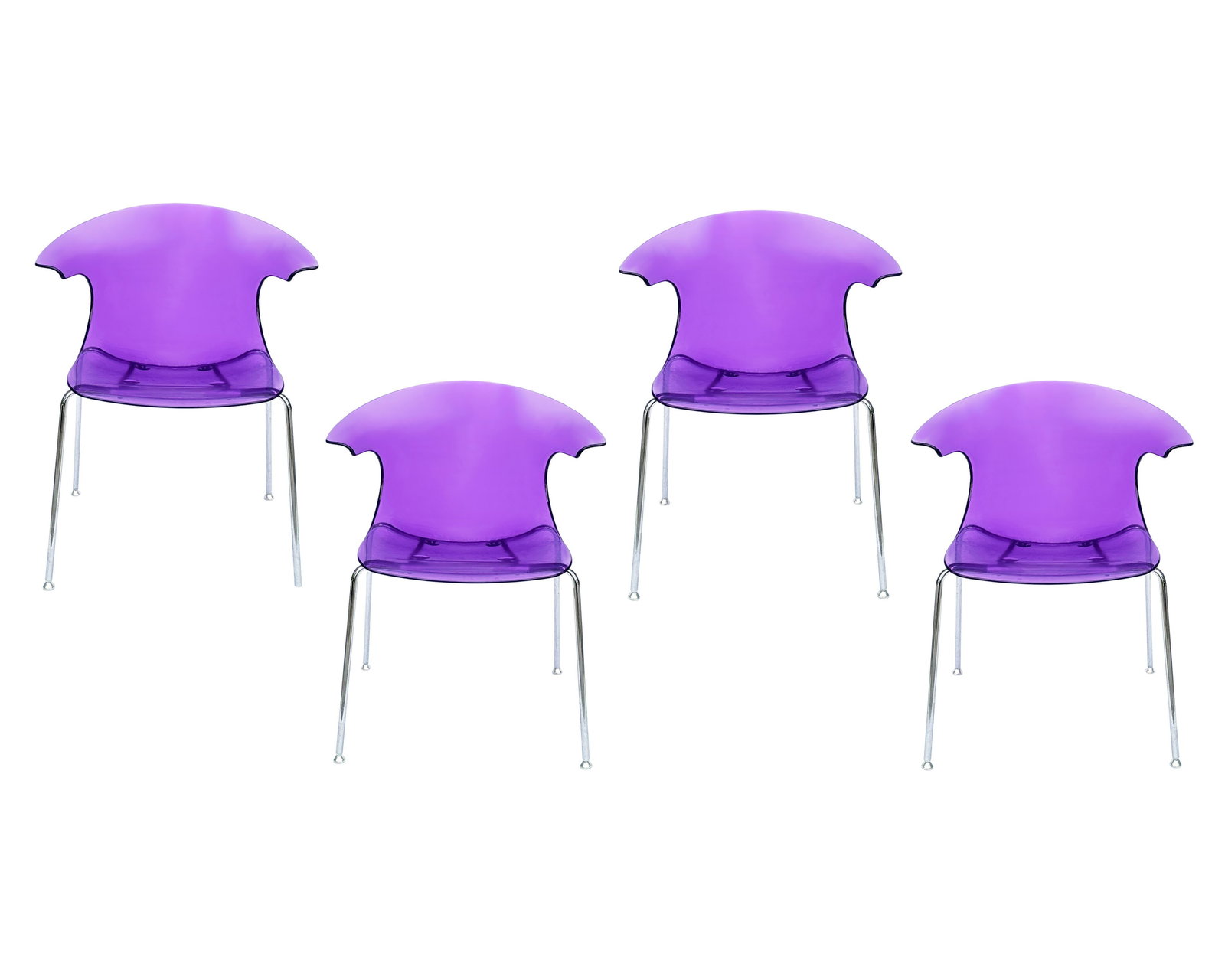 Claus Breinholt Purple Loop Chairs: Set of four purple Loop chairs designed by the Danish designer Claus Breinholt. Measurements: 24" W x 31.5" H x 19.5" D (single chair). Pickup or third party sh