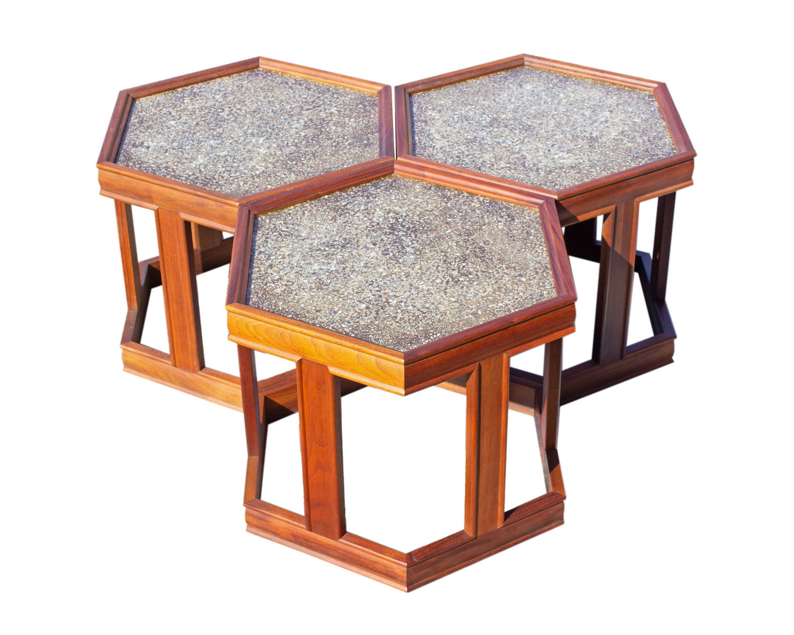 John Keal Brown Saltman “Domino?? Tables: Set of three "Domino" tables designed by the American designer John Keal. Produced by Brown-Saltman. The tables have glass tops that cover a pebbled bronze-tone design. The underside of