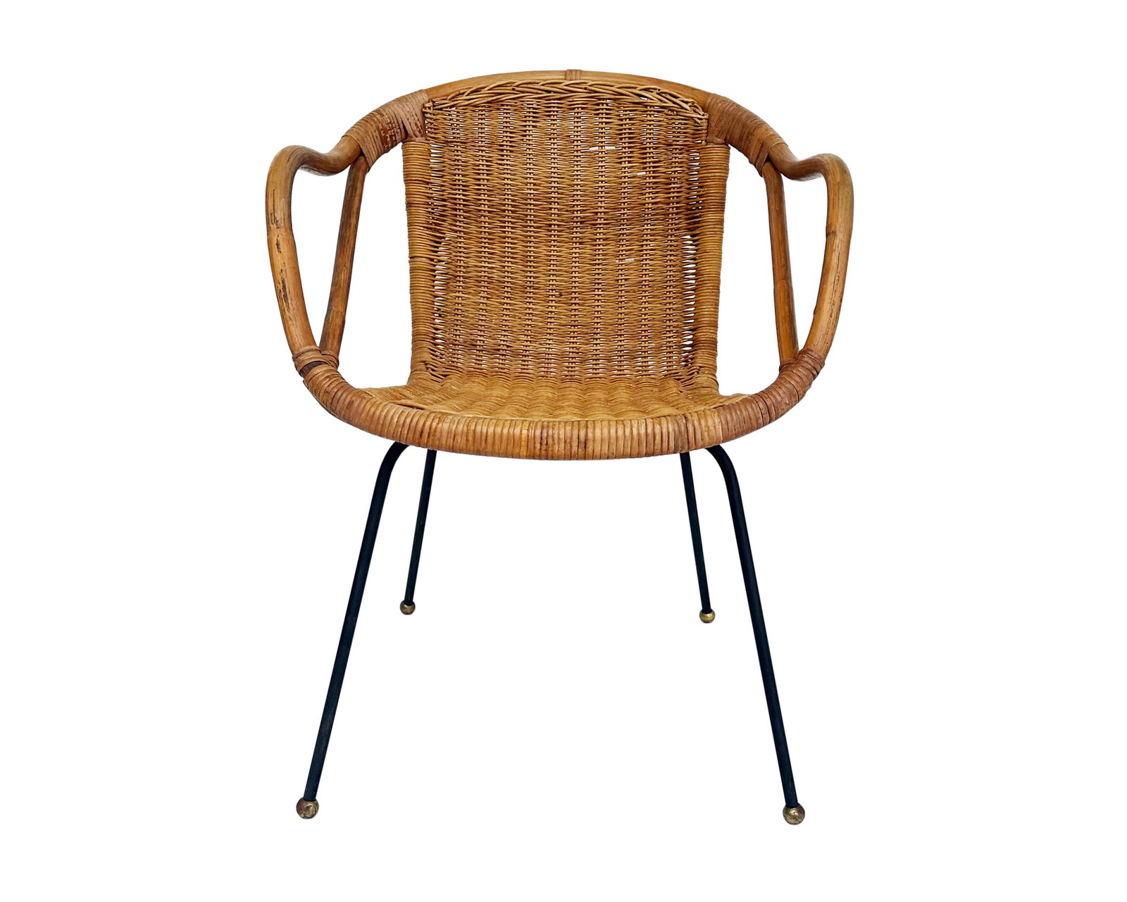 Paul McCobb Calif-Asian Wicker Mid-Century Chair: Mid-20th century wicker chair designed by Paul McCobb for Calif-Asia. Marked to underside. Measurements: 21.5" W x 28" H x 20" D. Pickup or third party shipping requi