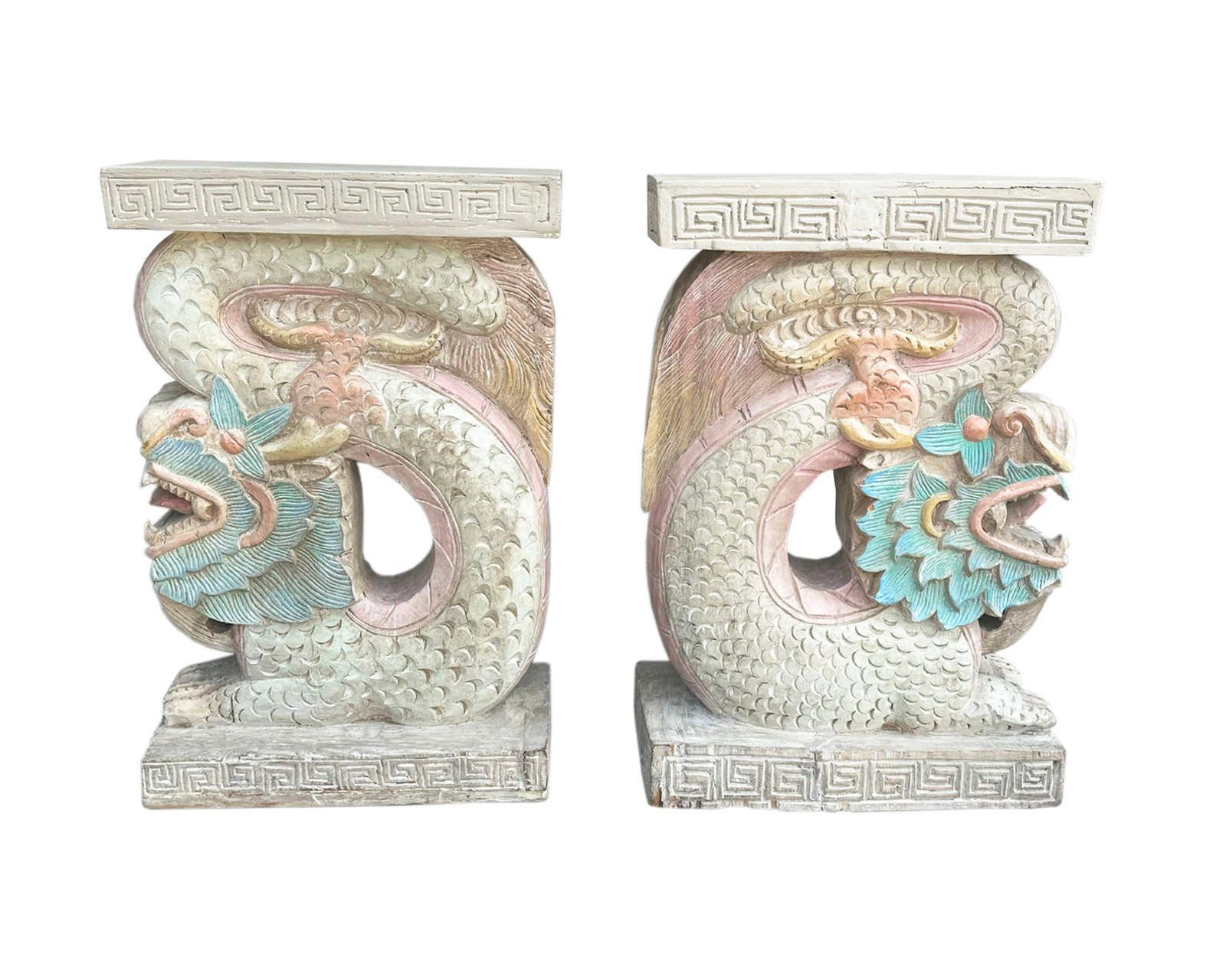 Dragon Carved Wood Pedestals, Pair: Painted carved wood pedestals with dragons. Measurements: 18.75" W x 29" H x 9" D (single pedestal, both measure the same). Pickup or third party shipping required.