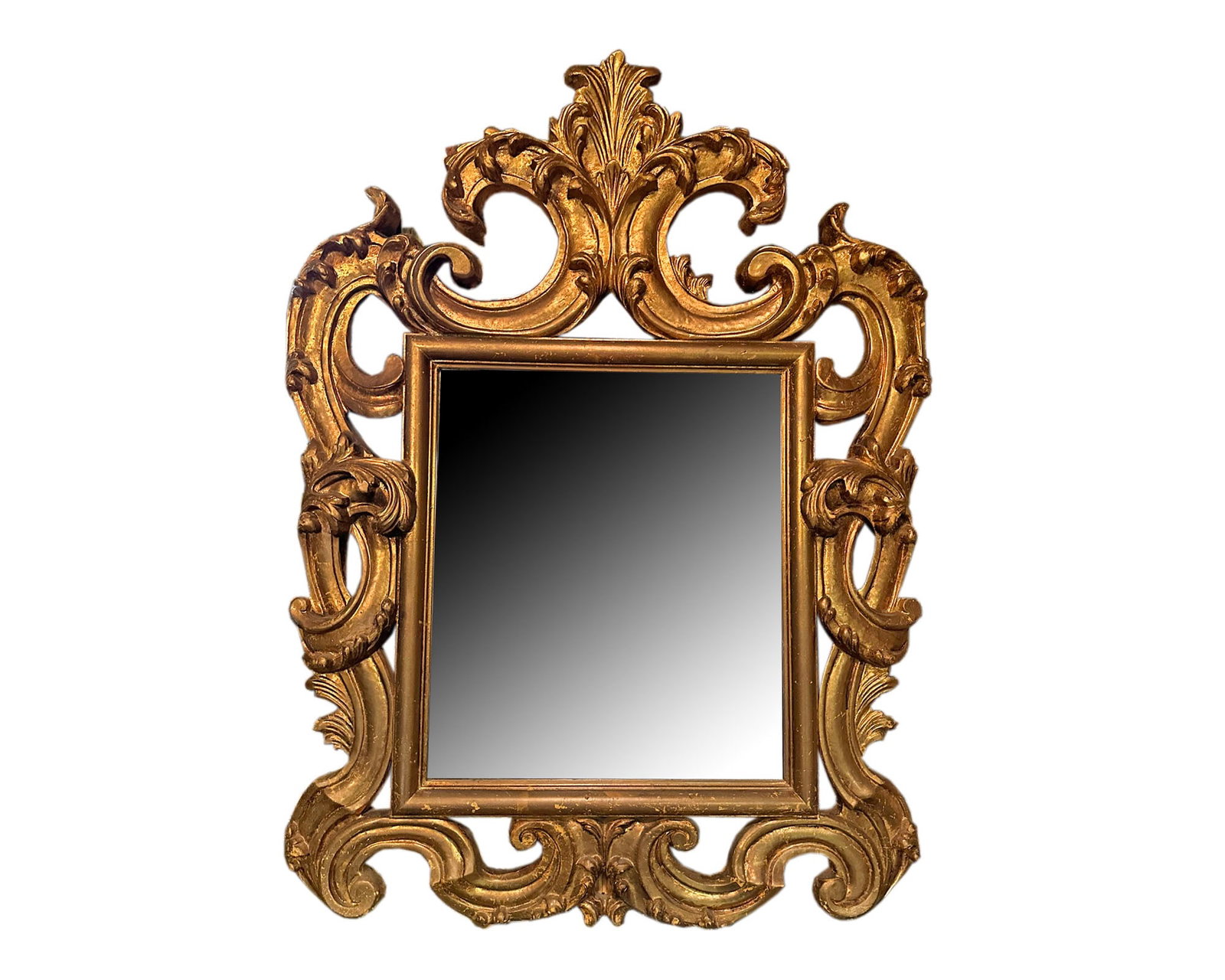 Mirror with Ornate Gilt Frame: Wall mirror with orange gilt frame. Measurements: 33" W x 44" H x 4" D. Pickup or third party shipping required.