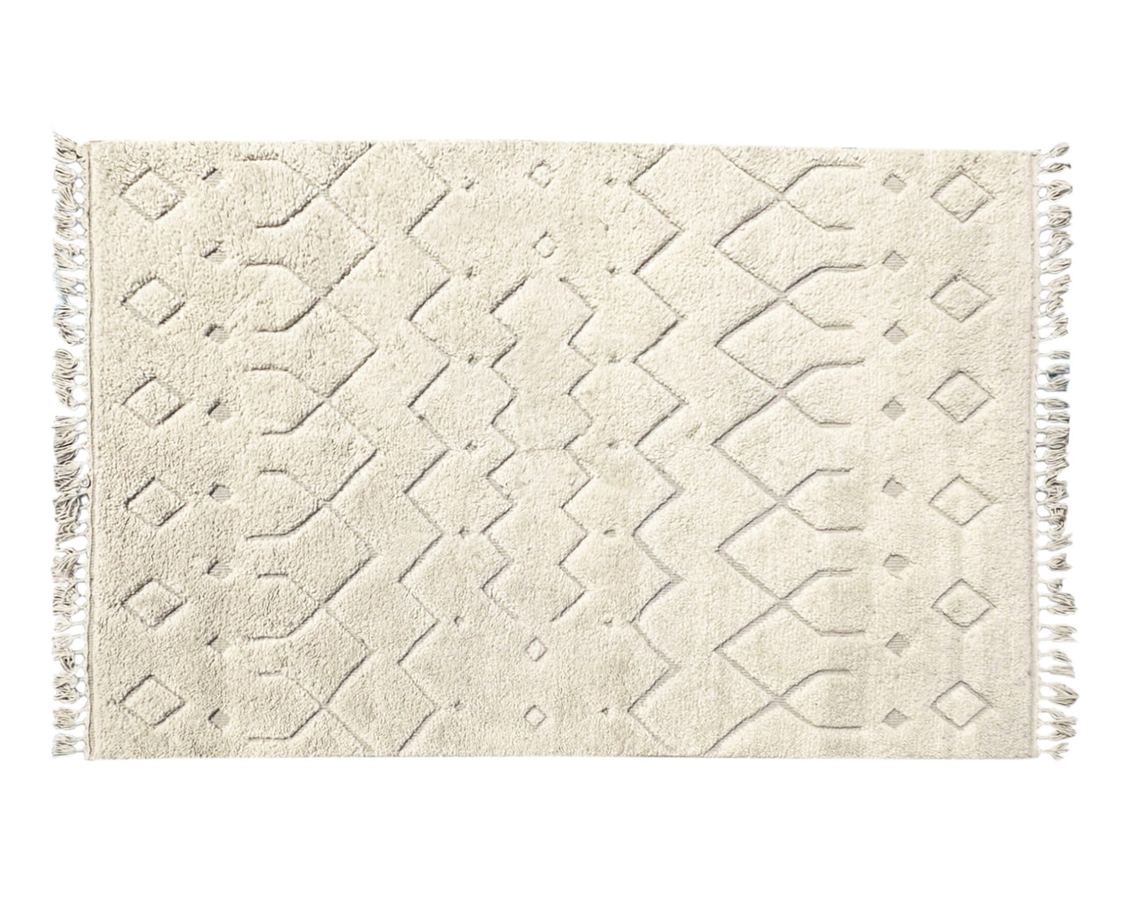 Indo-Moroccan Wool Rug with Geometric Design: Indo-Moroccan wool rug with geometric design. Measurements: 110" w x 70" D (includes fringe). In house shipping available.