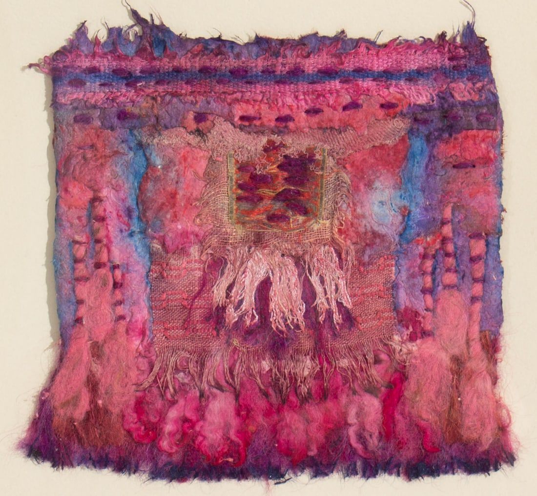 Colleen Barry-Wilson 1983 "Fresco Artifact" Tapestry: 1983 tapestry titled Fresco Artifact by Colleen Barry-Wilson (American; born 1951). Signed, titled, and dated lower edge. Measurements: 15.25" W x 12.25" H x 1" D (fram