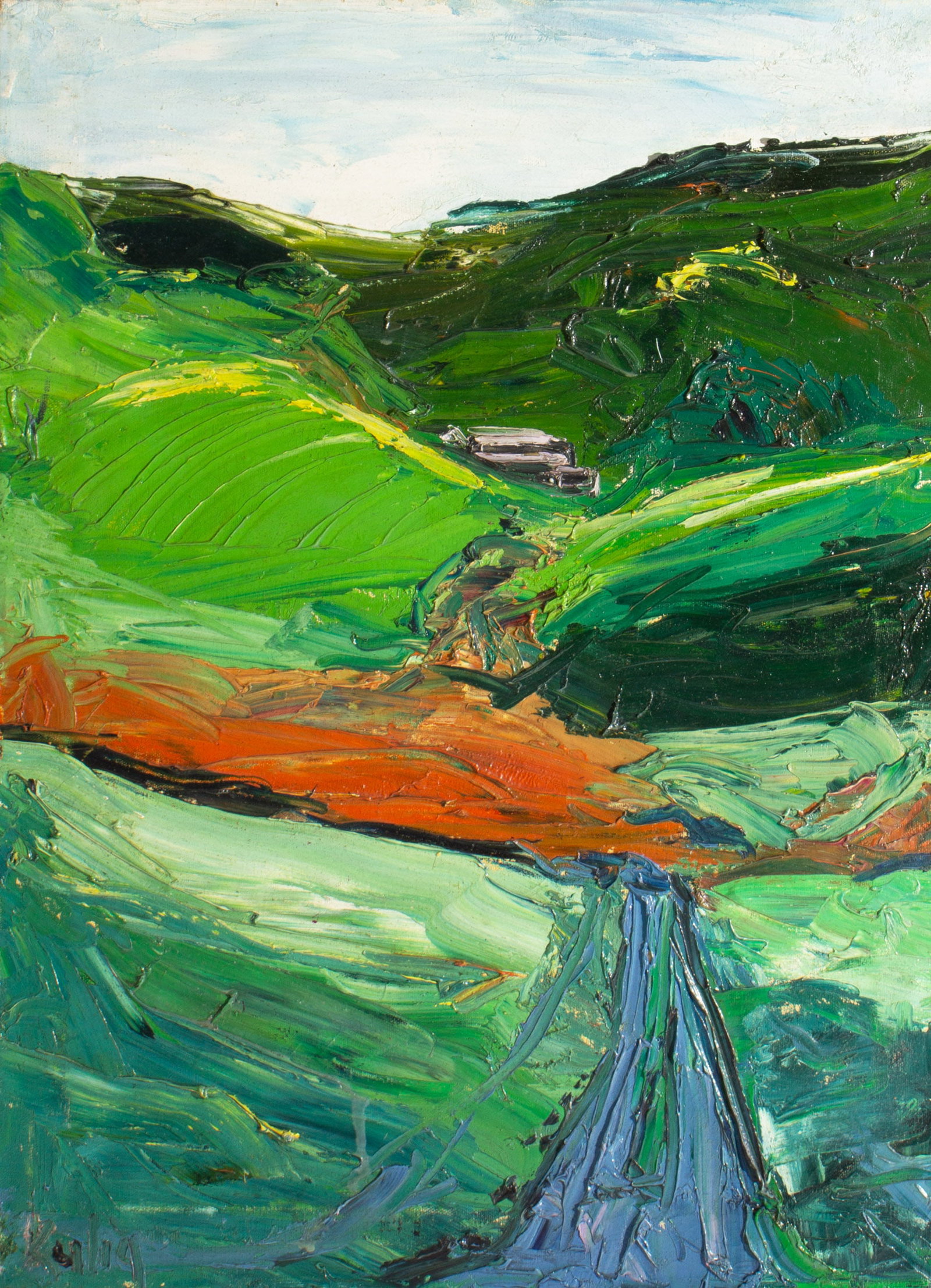 Lawrence Kulig Oil on Canvas Landscape Painting: Oil on canvas painting of an abstract landscape by Lawrence Kulig (American; 20th/21st century). Signed lower left. Measurements: 18.75" W x 24.75" H x 1.5" D (frame); 18"